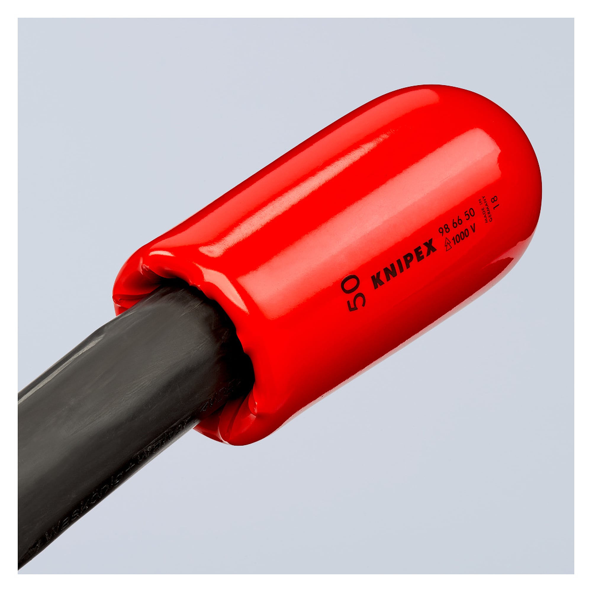 Self-clamping slip-on cap for stripped live conductors, DIN VDE 0680-1, 135 mm