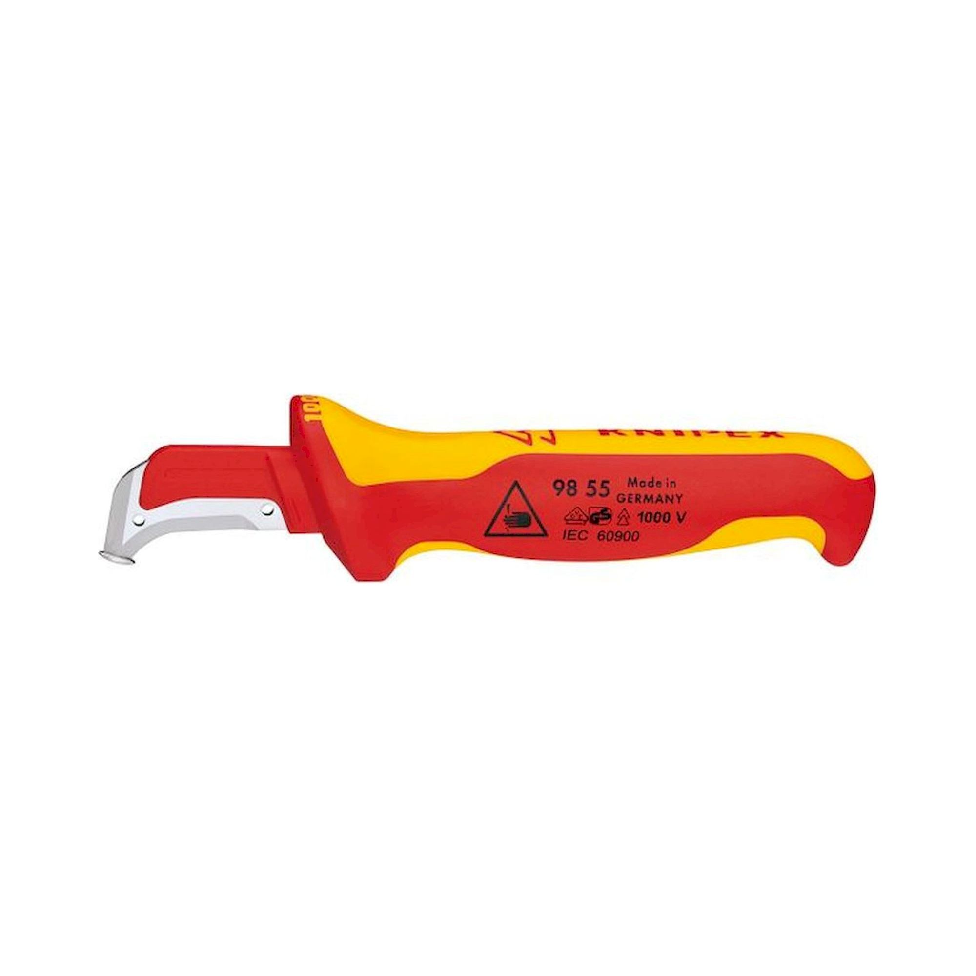 Knipex 98 55. Abmantelungsmesser mit Gleitschuh, isolierender Mehrkomponenten-Griff, 180 mm