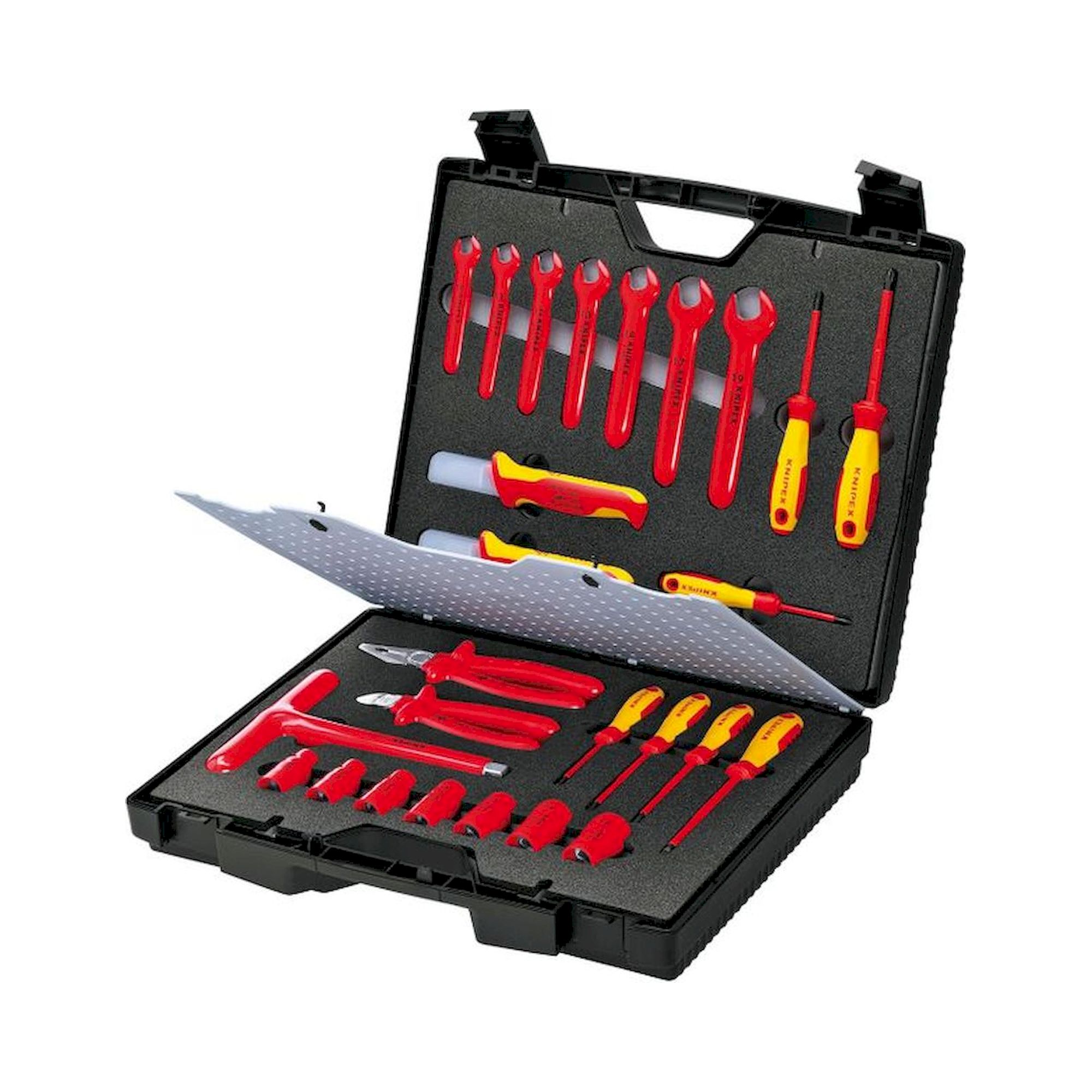 Knipex 98 99 12. Standardkoffer 26-teilig mit isolierten Werkzeugen für Arbeiten an elektrischen Anlagen