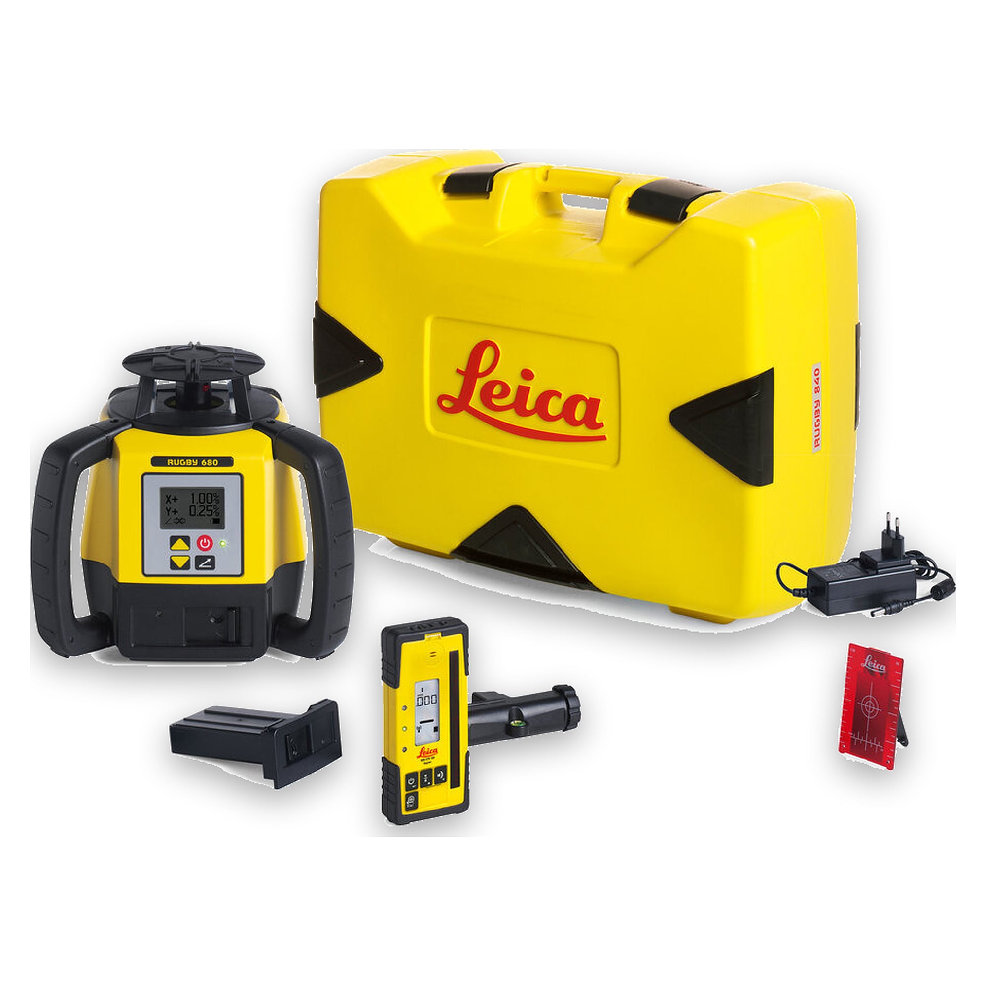 Dual-Grade-Rotationslaser-Set 1100 m mit Digitalempfänger Rod Eye 160 und Li-Ion-Akku - Leica Rugby 680