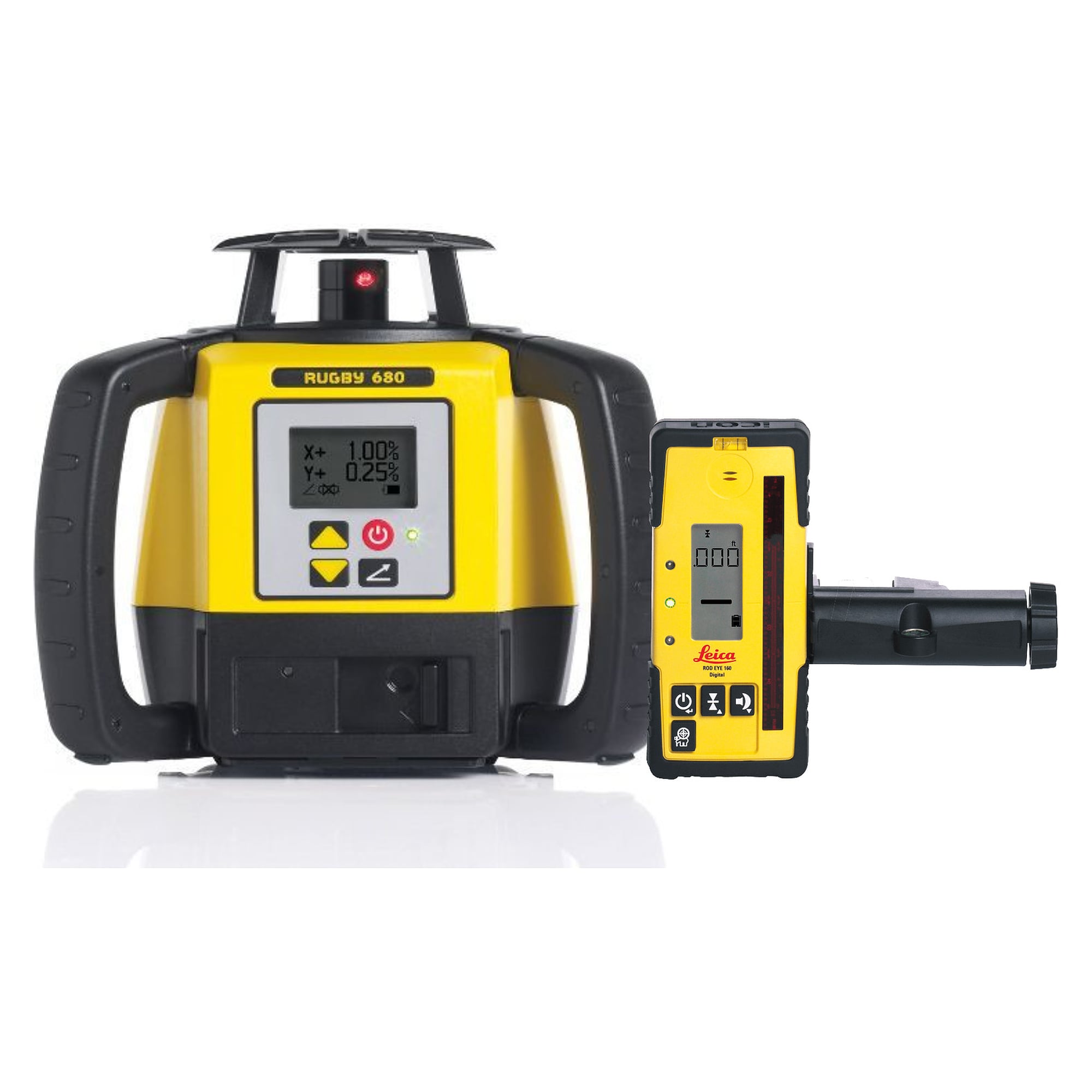 Kit laser rotatif double pente 1100 m avec récepteur numérique Rod Eye 160 et batterie Li-Ion - Leica Rugby 680