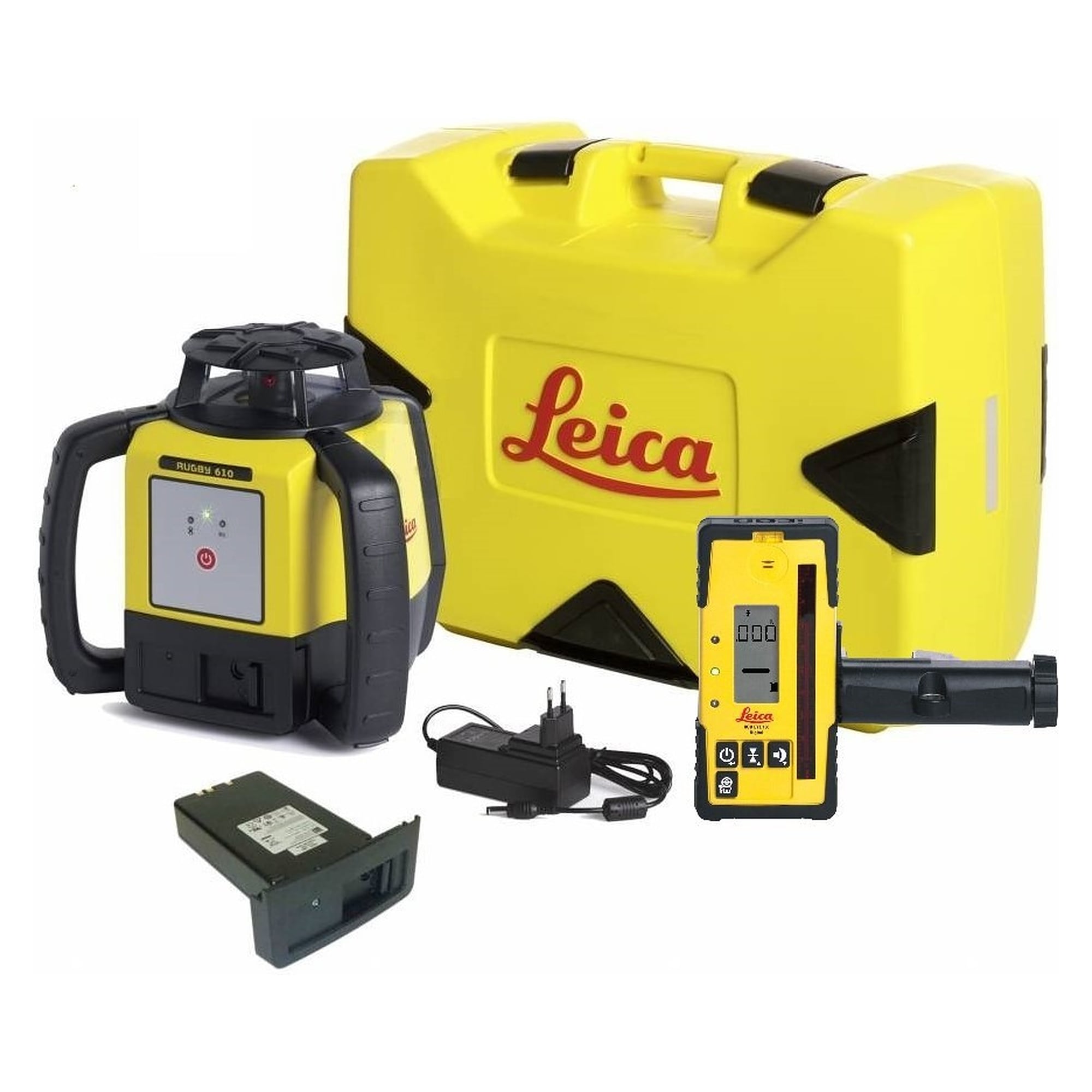 Kit laser rotatif horizontal 1100 m avec récepteur numérique Rod Eye 160 et batterie Li-Ion - Leica Rugby 610