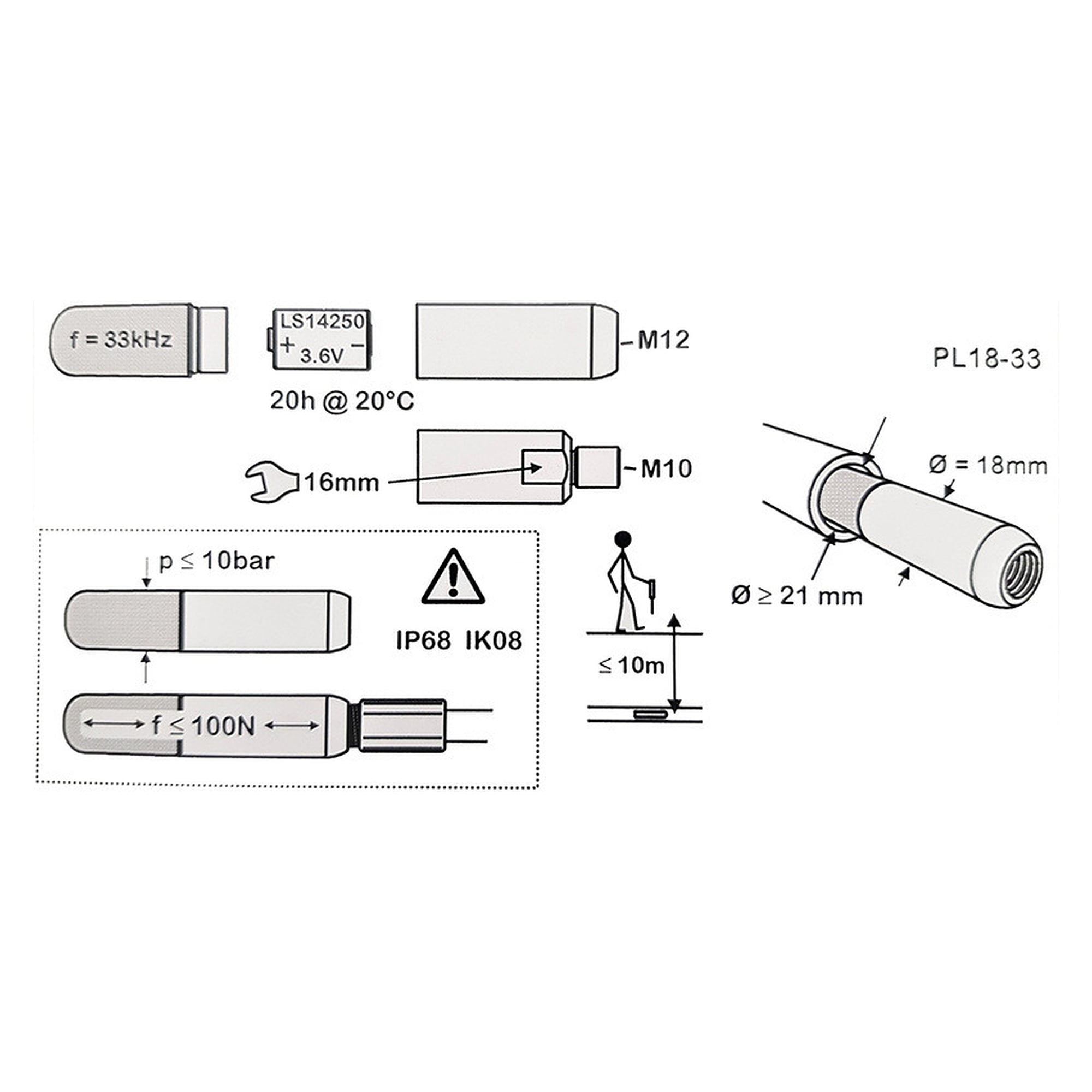 Sonde de détection 33 kHz, diamètre 18 mm, filetage M12 et 10 m de profondeur - Leica Mini Sonde 33