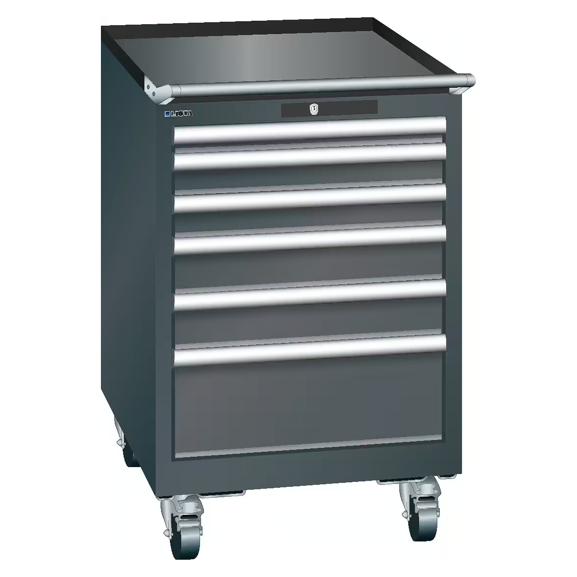 ESD mobile drawer cabinet 27x27E, 564x572x890 mm, 6 drawers 1x50/2x75/2x100/1x200, 75 kg, rubber castors Ø100 mm, KEY Lock - Lista 95.055, Anthracite grey RAL 7016