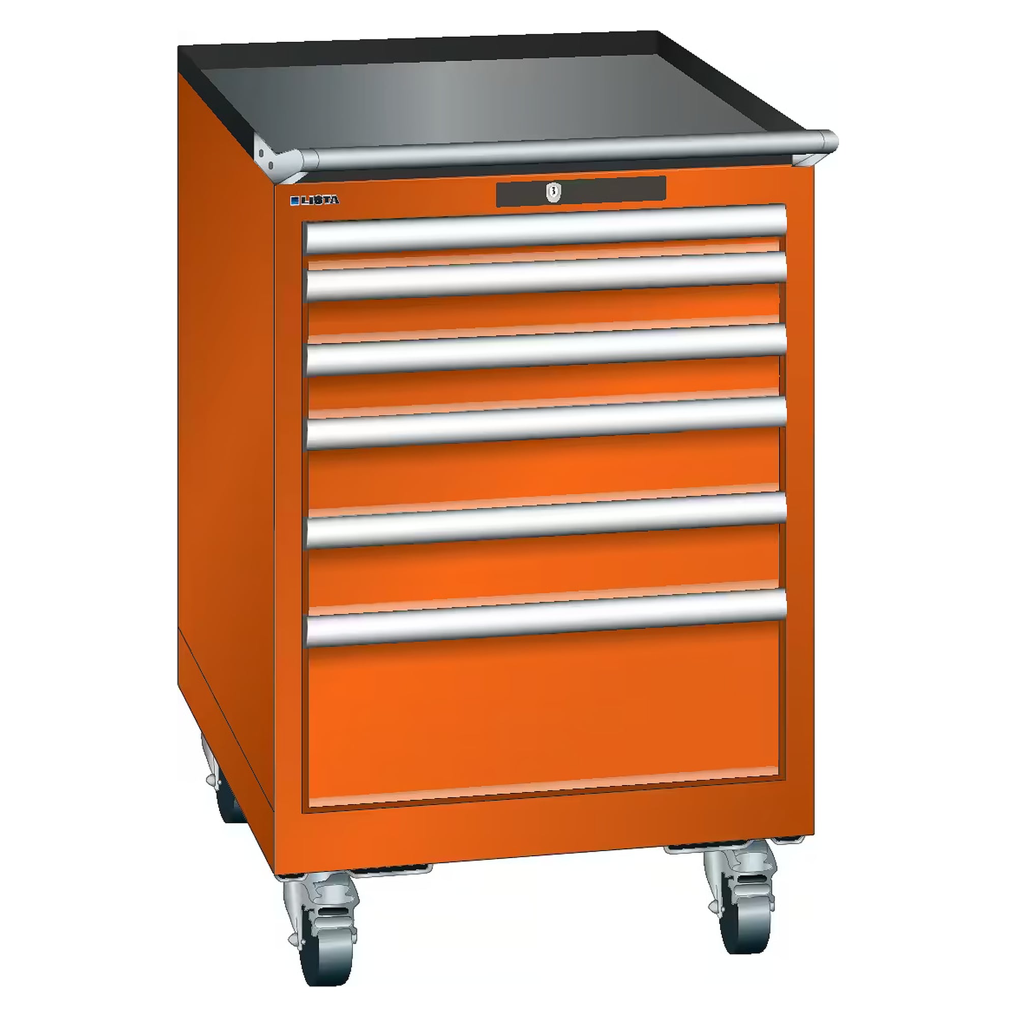 ESD mobile drawer cabinet 27x27E, 564x572x890 mm, 6 drawers 1x50/2x75/2x100/1x200, 75 kg, rubber castors Ø100 mm, KEY Lock - Lista 95.055, Orange NCS S 1080-Y40R