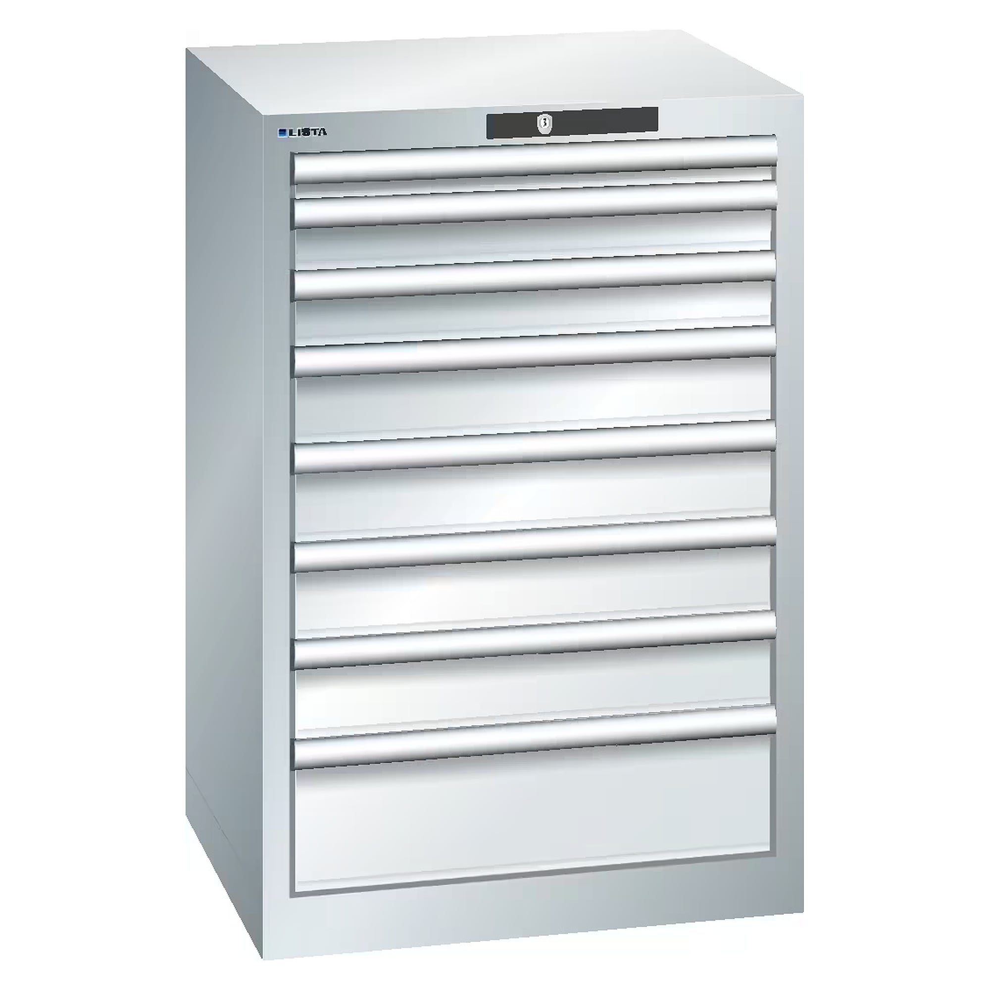 ESD-Schubladenschrank 27x27E, 564x572x850 mm, 8 Schubladen 1x50/2x75/4x100/1x150, 75 kg, RFID Lock - Lista 95.049, Lichtgrau RAL 7035