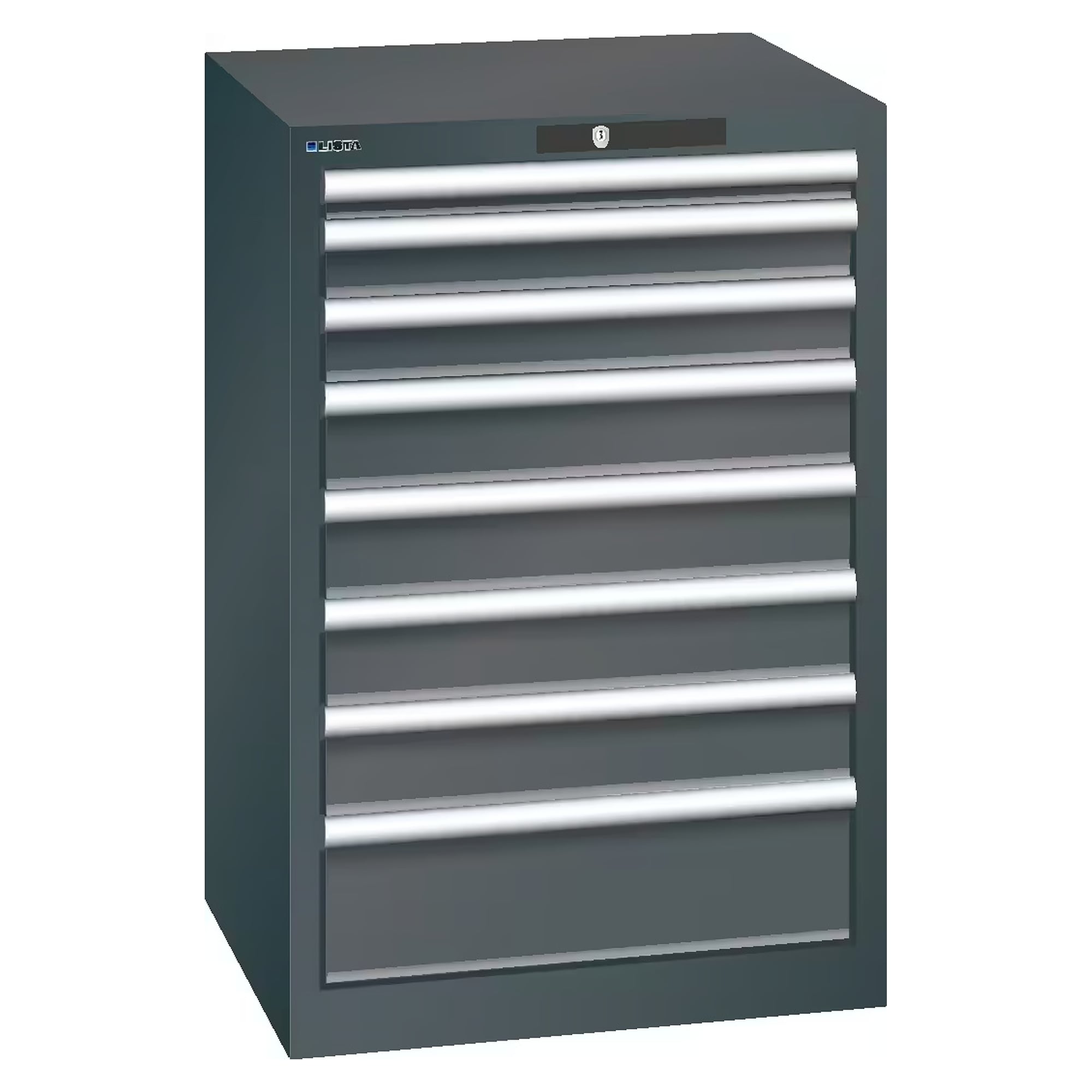 ESD drawer cabinet 27x27E, 564x572x850 mm, 8 drawers 1x50/2x75/4x100/1x150, 75 kg, KEY Lock - Lista 93.034, Anthracite grey RAL 7016