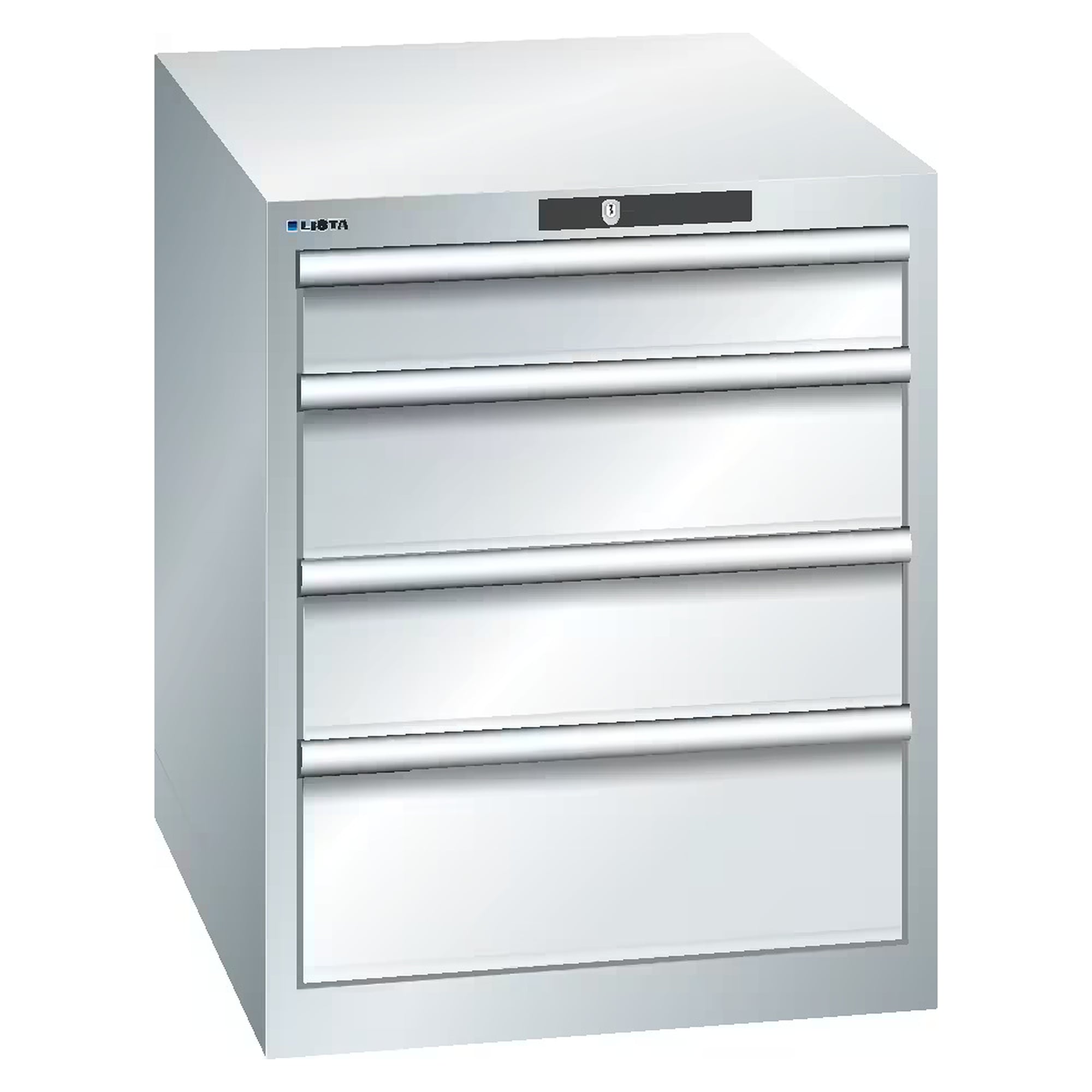ESD-Schubladenschrank 27x36E, 564x725x700 mm, 4 Schubladen 1x100/2x150/1x200, 75 kg, CODE Lock - Lista 93.047, Lichtgrau RAL 7035