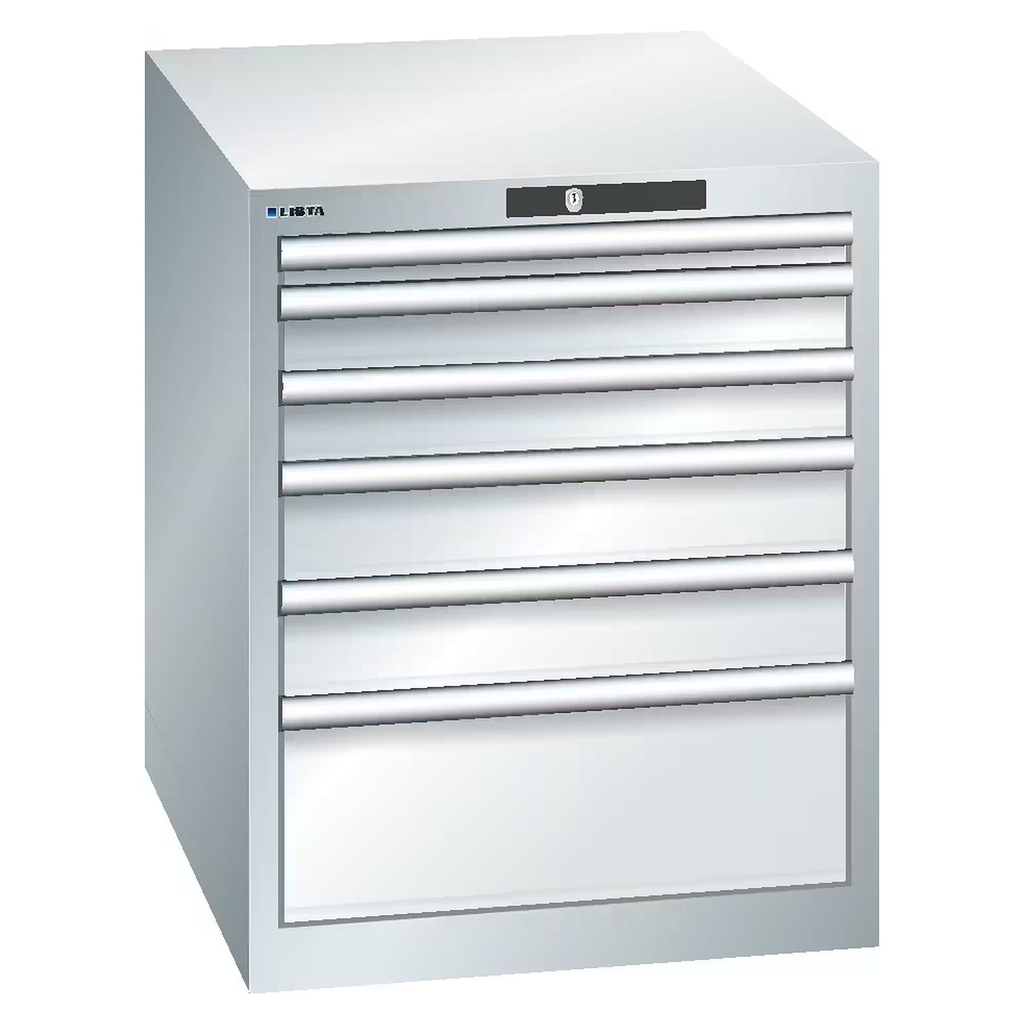 ESD-Schubladenschrank 27x36E, 564x725x700 mm, 6 Schubladen 1x50/2x75/2x100/1x200, 75 kg, KEY Lock - Lista 93.038, Lichtgrau RAL 7035