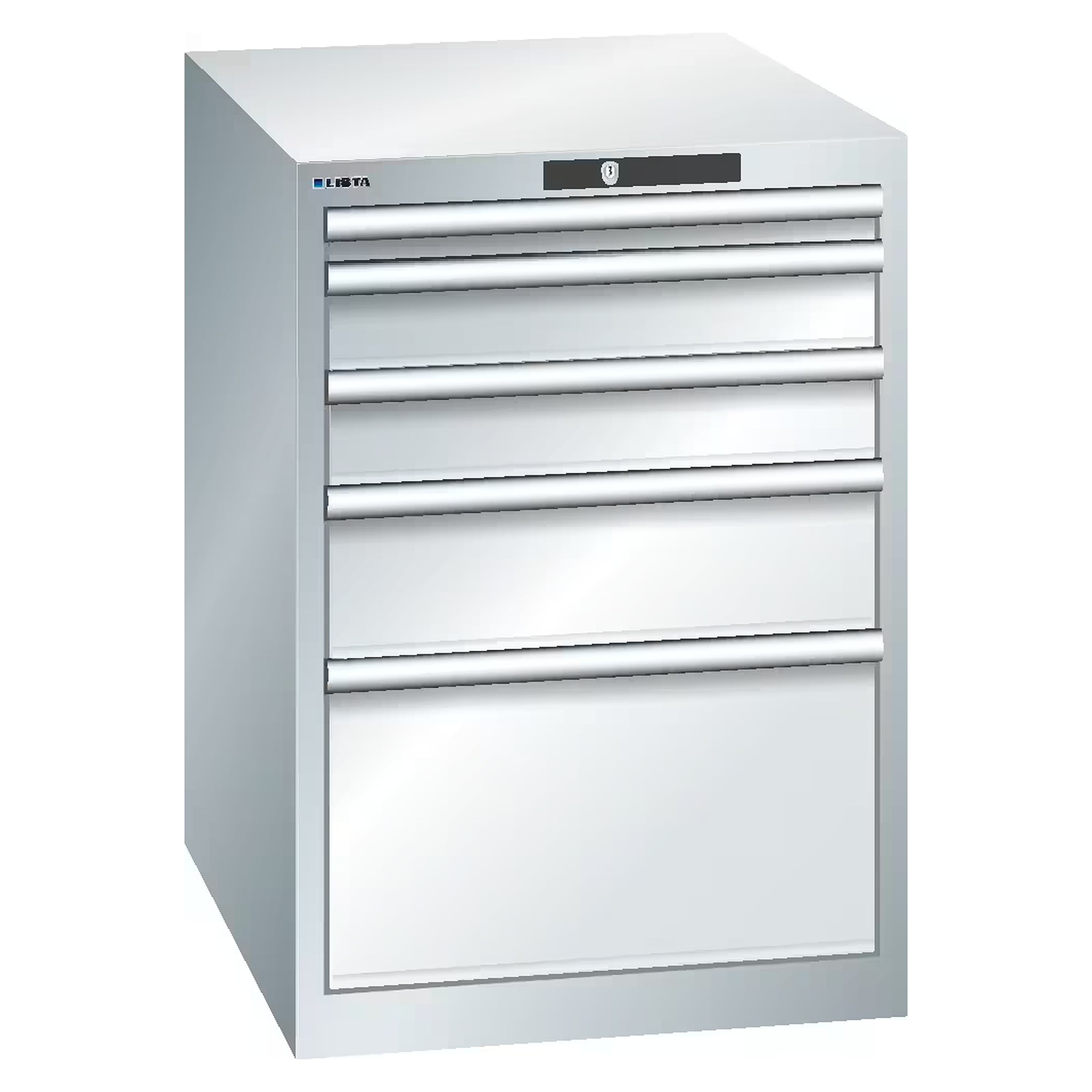 ESD-Schubladenschrank 27x36E, 564x725x800 mm, 5 Schubladen 1x50/2x100/1x150/1x300, 75 kg, AUTO Lock - Lista 93.089, Lichtgrau RAL 7035