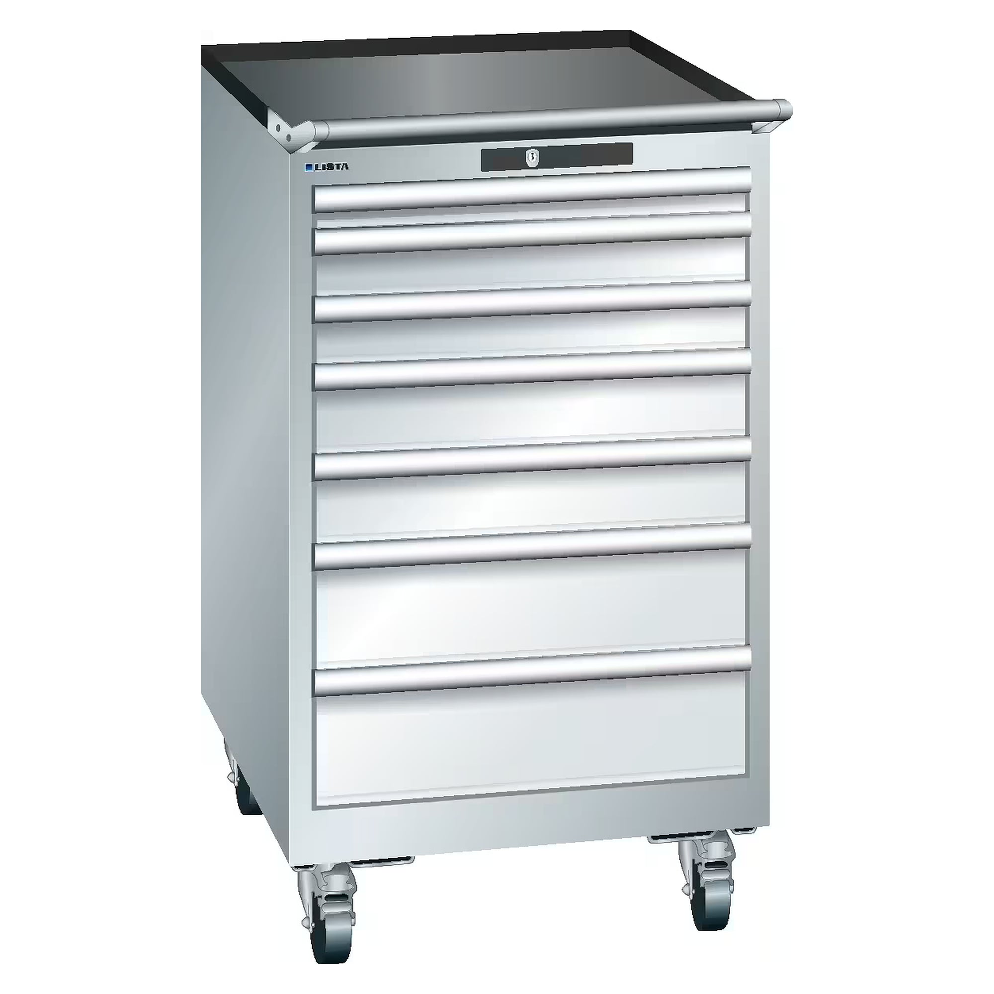 ESD-Schubladenschrank mobil 27x36E, 564x725x990 mm, 7 Schubladen 1x50/2x75/2x100/2x150, 75 kg, Gummirollen Ø100 mm, KEY Lock - Lista 95.140, Lichtgrau RAL 7035