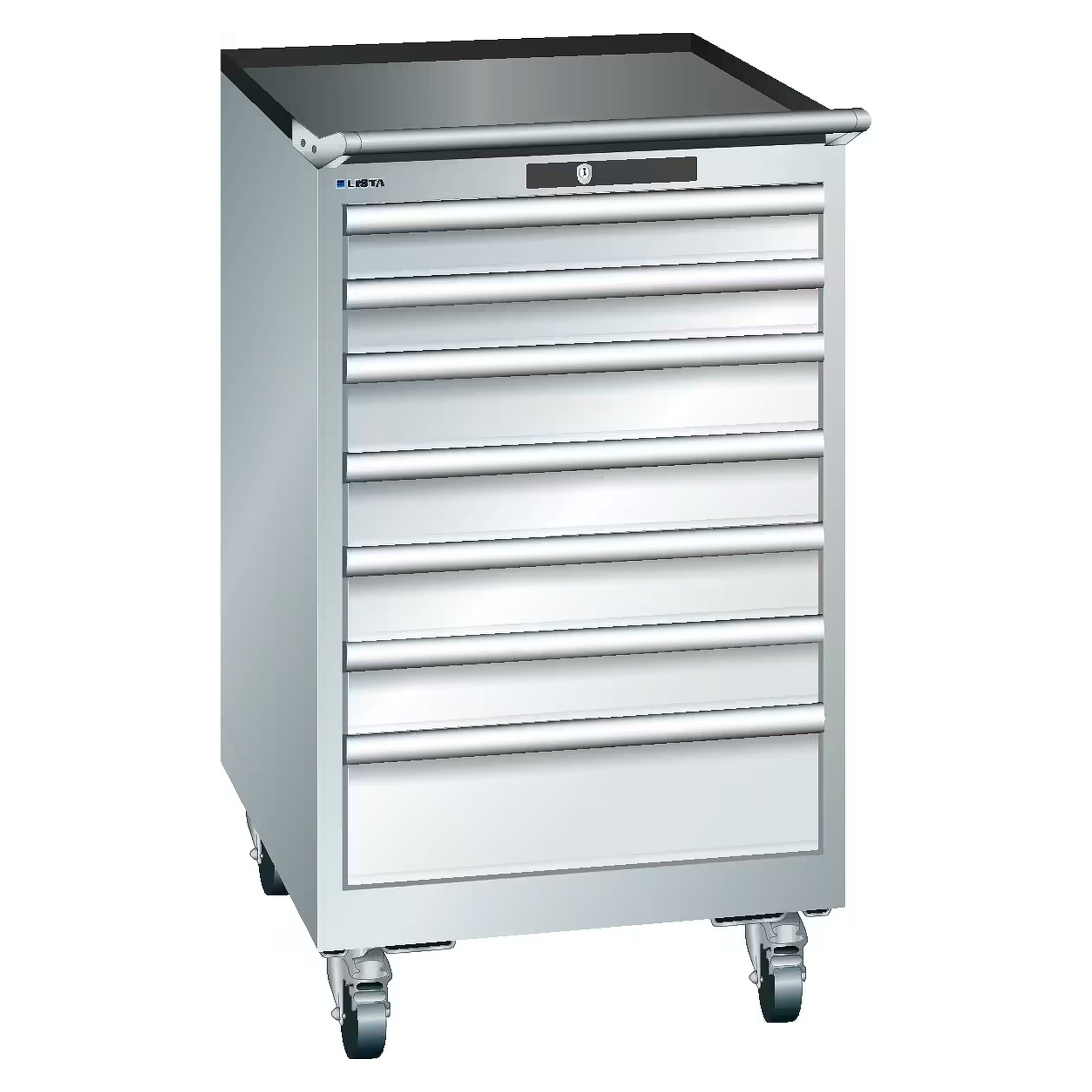 ESD-Schubladenschrank mobil 27x36E, 564x725x990 mm, 7 Schubladen 2x75/4x100/1x150, 75 kg, Gummirollen Ø 100 mm, KEY Lock - Lista 93.043, Lichtgrau RAL 7035