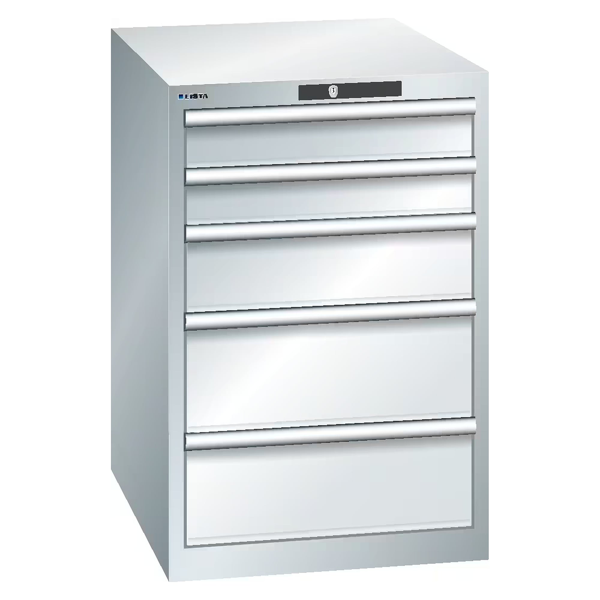 ESD-Schubladenschrank 27x36E, 564x725x850 mm, 5 Schubladen 2x100/1x150/2x200, 75 kg, KEY Lock - Lista 95.109, Lichtgrau RAL 7035