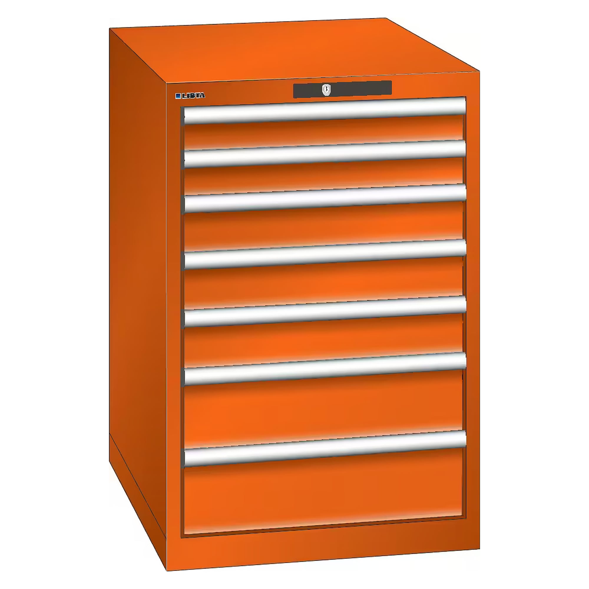 ESD-Schubladenschrank 27x36E, 564x725x850 mm, 7 Schubladen 2x75/3x100/2x150, 75 kg, KEY Lock - Lista 93.042, Orange NCS S 1080-Y40R