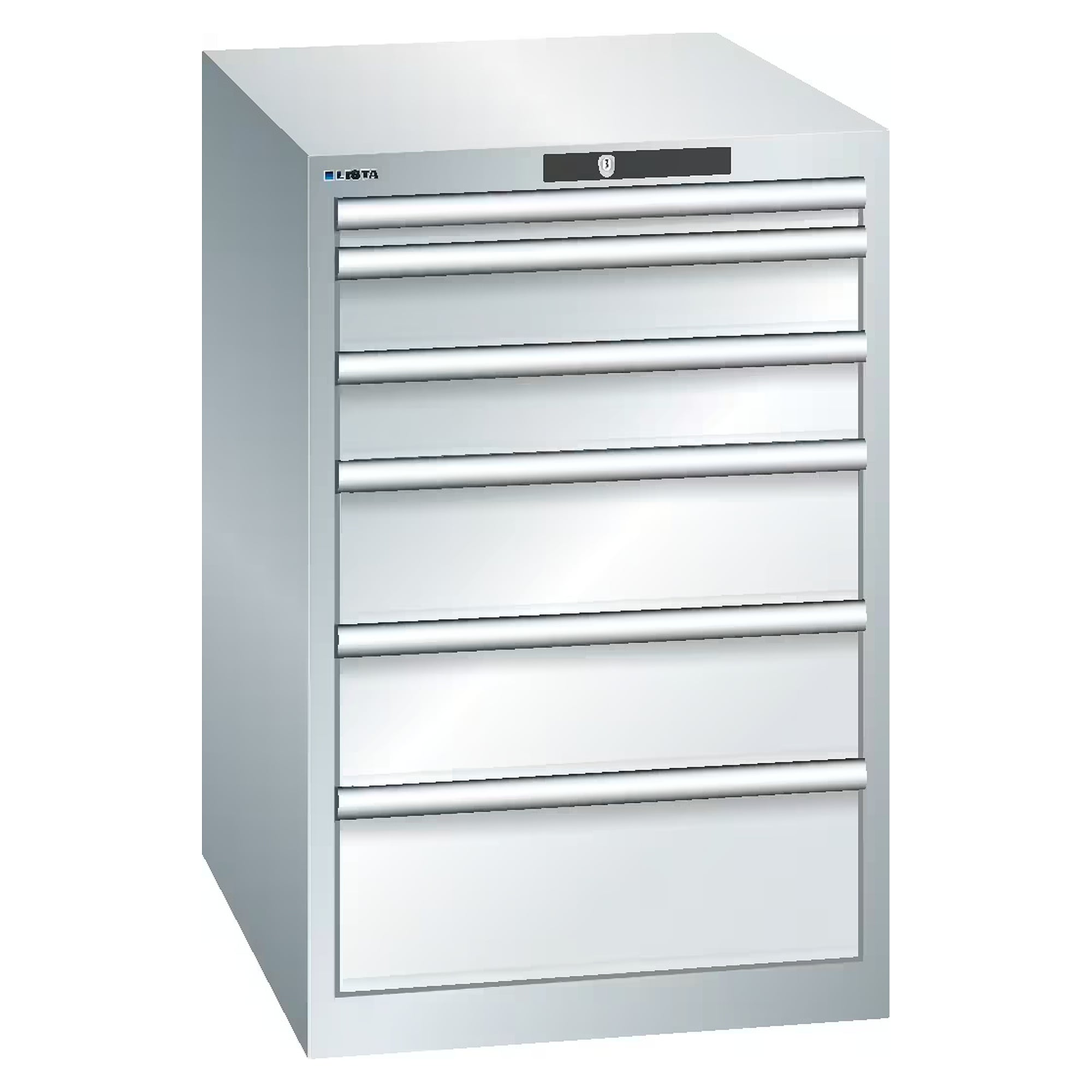 ESD-Schubladenschrank 27x36E, 564x725x850 mm, 6 Schubladen 1x50/2x100/2x150/1x200, 75 kg, CODE Lock - Lista 93.055, Lichtgrau RAL 7035