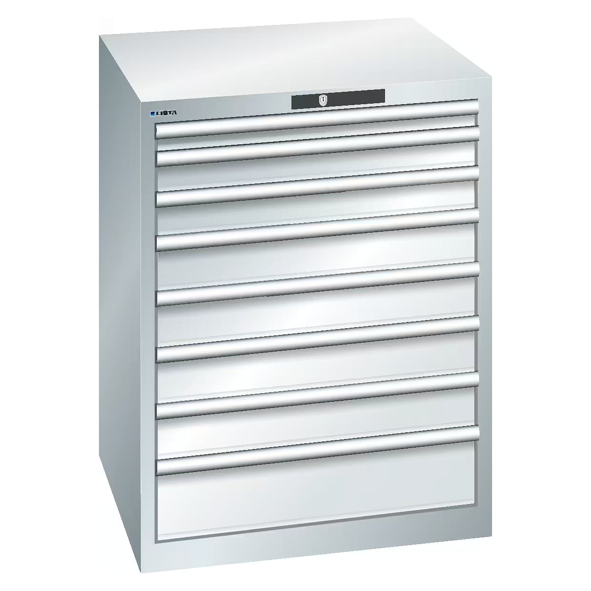 ESD-Schubladenschrank 36x36E, 717x725x850 mm, 8 Schubladen 1x50/2x75/4x100/1x150, 75 kg, KEY Lock - Lista 95.160, Lichtgrau RAL 7035