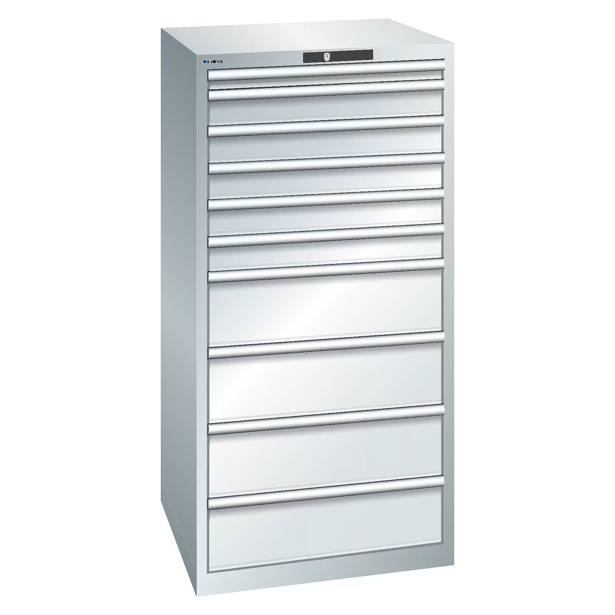 ESD-Schubladenschrank 36x36E, 717x725x1450 mm, 10 Schubladen 1x50/5x100/4x200, 75 kg, CODE Lock - Lista 93.065, Lichtgrau RAL 7035