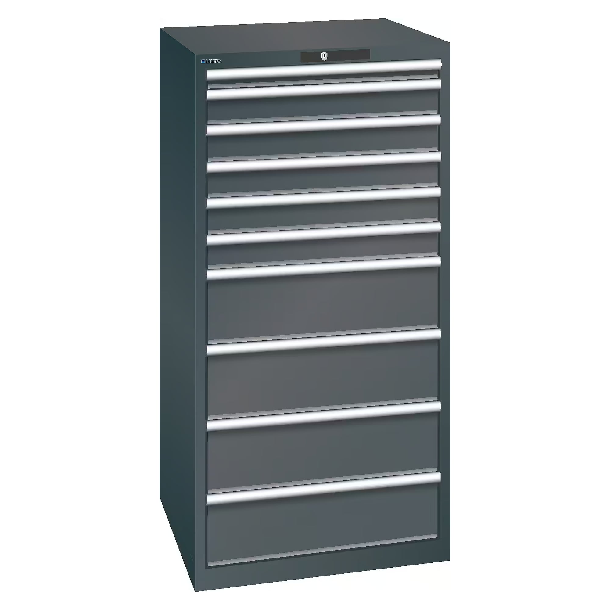 ESD drawer cabinet 36x36E, 717x725x1450 mm, 10 drawers 1x50/5x100/4x200, 75 kg, KEY Lock - Lista 95.192, Anthracite grey RAL 7016