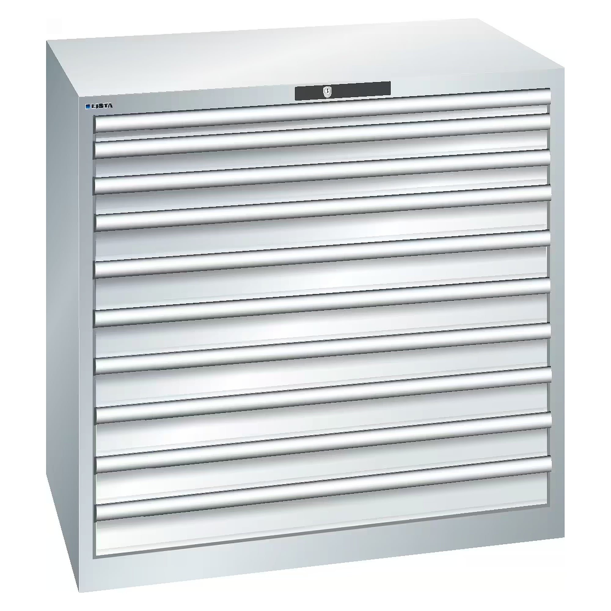 ESD-Schubladenschrank 54x36E, 1023x725x1000 mm, 10 Schubladen 1x50/2x75/7x100, 200 kg, CODE Lock - Lista 93.069, Lichtgrau RAL 7035