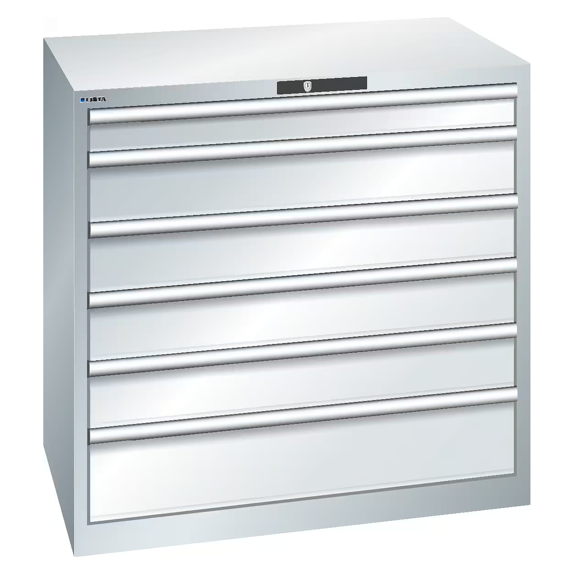 ESD-Schubladenschrank 54x36E, 1023x725x1000 mm, 6 Schubladen 1x100/4x150/1x200, 75 kg, CODE Lock - Lista 93.068, Lichtgrau RAL 7035