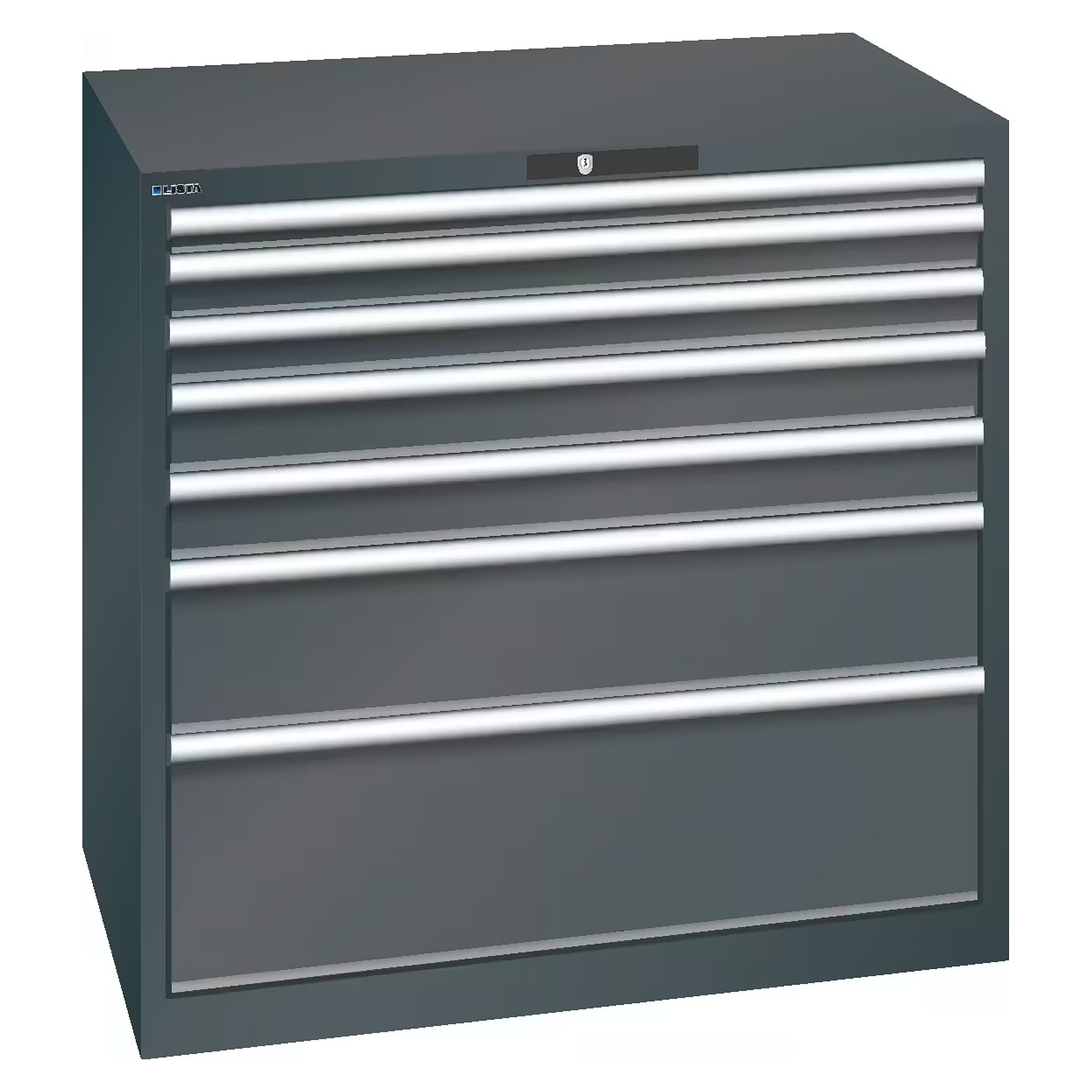 ESD drawer cabinet 54x36E, 1023x725x1000 mm, 7 drawers 1x50/2x75/2x100/1x200/1x300, 75 kg, 1x300 rated 200 kg, KEY Lock - Lista 95.204, Anthracite grey RAL 7016