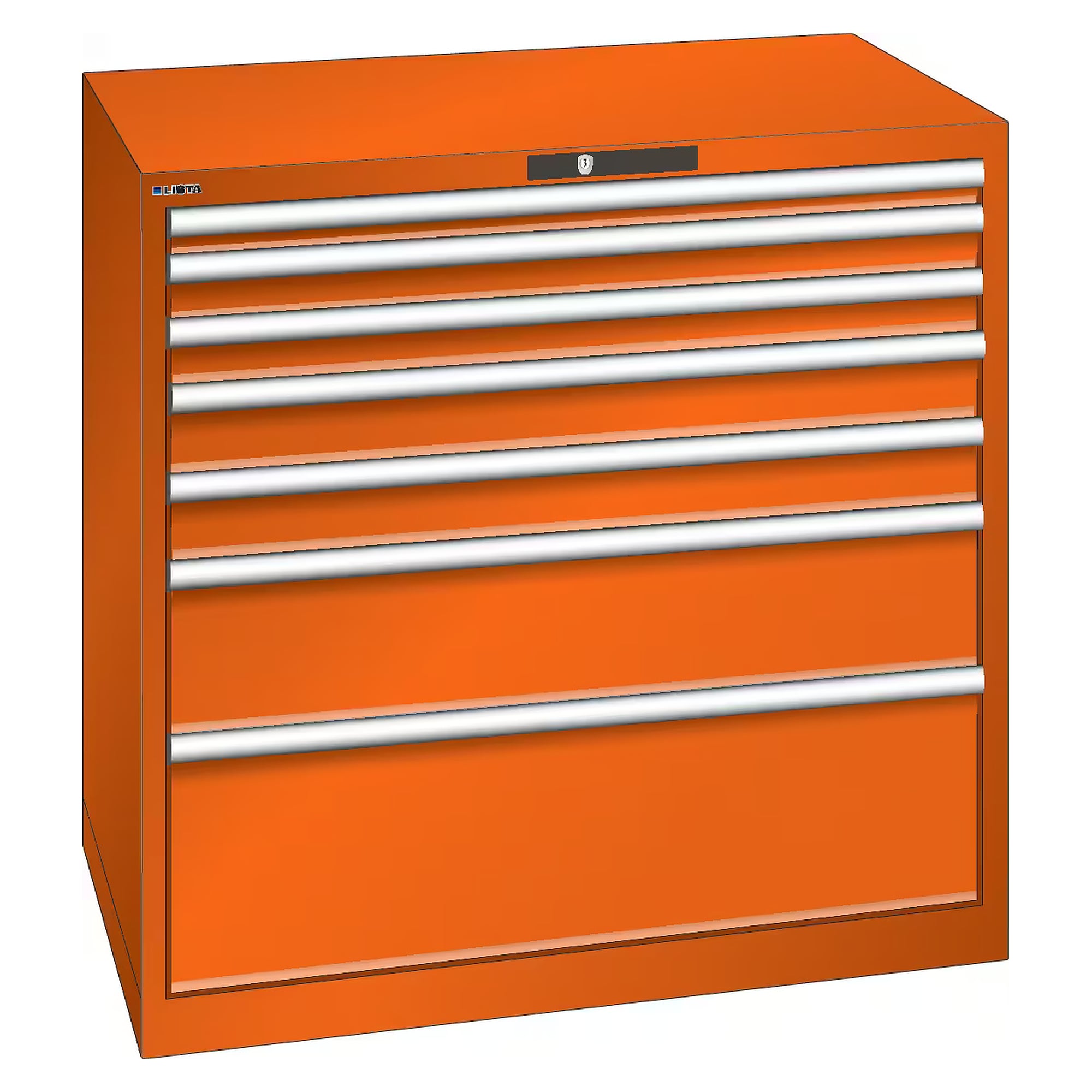 ESD drawer cabinet 54x36E, 1023x725x1000 mm, 7 drawers 1x50/2x75/2x100/1x200/1x300, 200 kg, 1x50 rated 75 kg, AUTO Lock - Lista 95.211, Orange NCS S 1080-Y40R