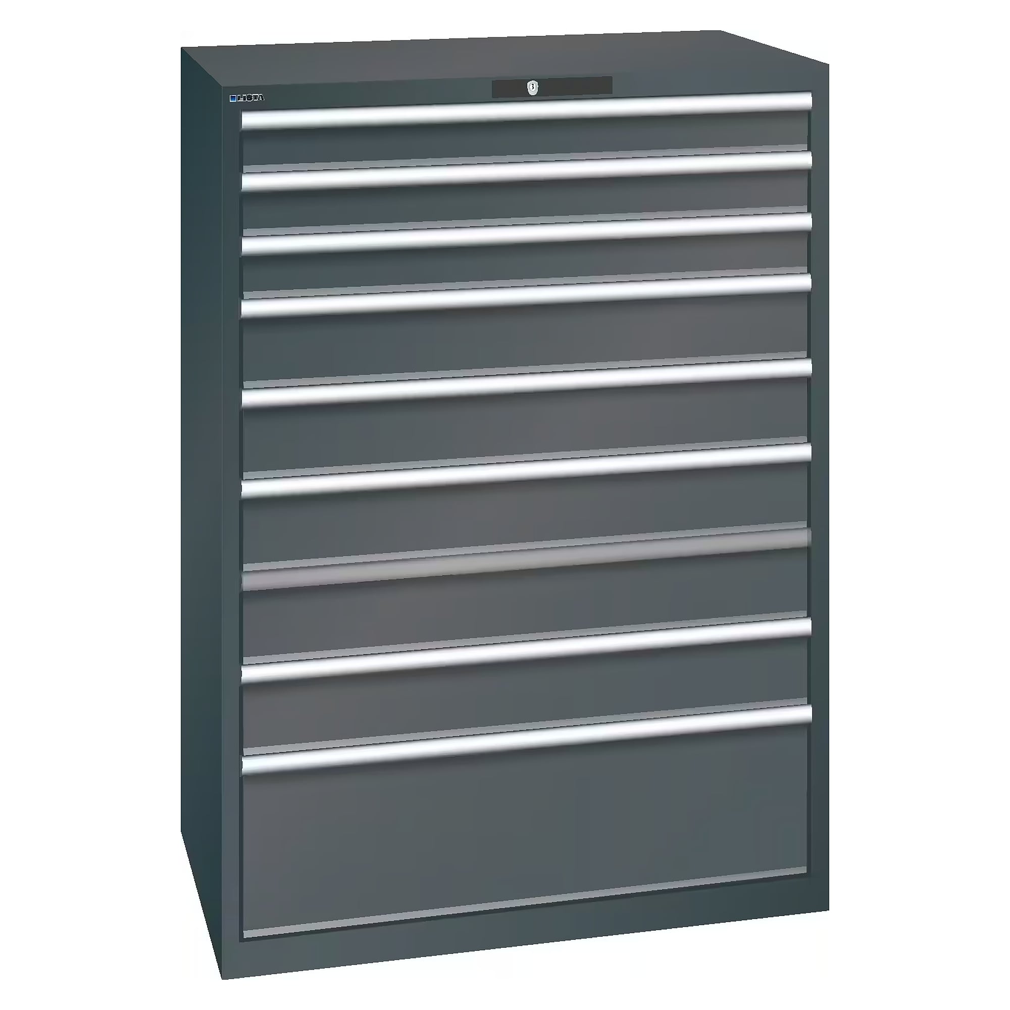ESD drawer cabinet 54x36E, 1023x725x1450 mm, 9 drawers 3x100/5x150/1x300, 200 kg, KEY Lock - Lista 95.239, Anthracite grey RAL 7016