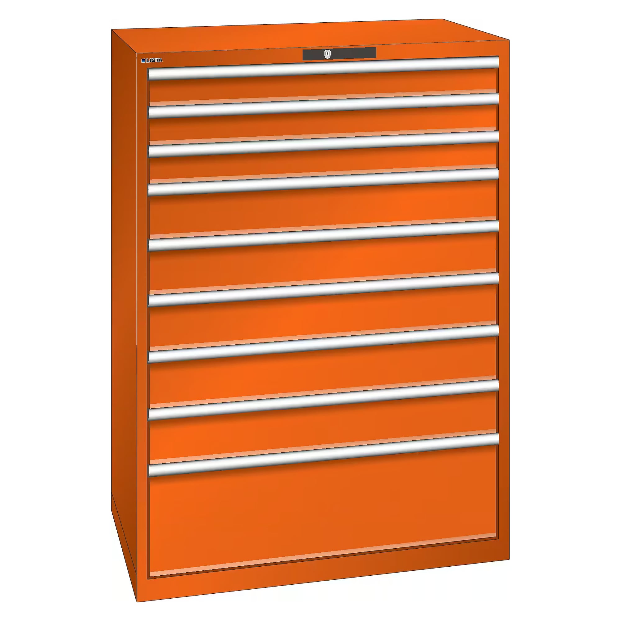 ESD drawer cabinet 54x36E, 1023x725x1450 mm, 9 drawers 3x100/5x150/1x300, 75 kg, 1x300 rated 200 kg, RFID Lock - Lista 95.233, Orange NCS S 1080-Y40R