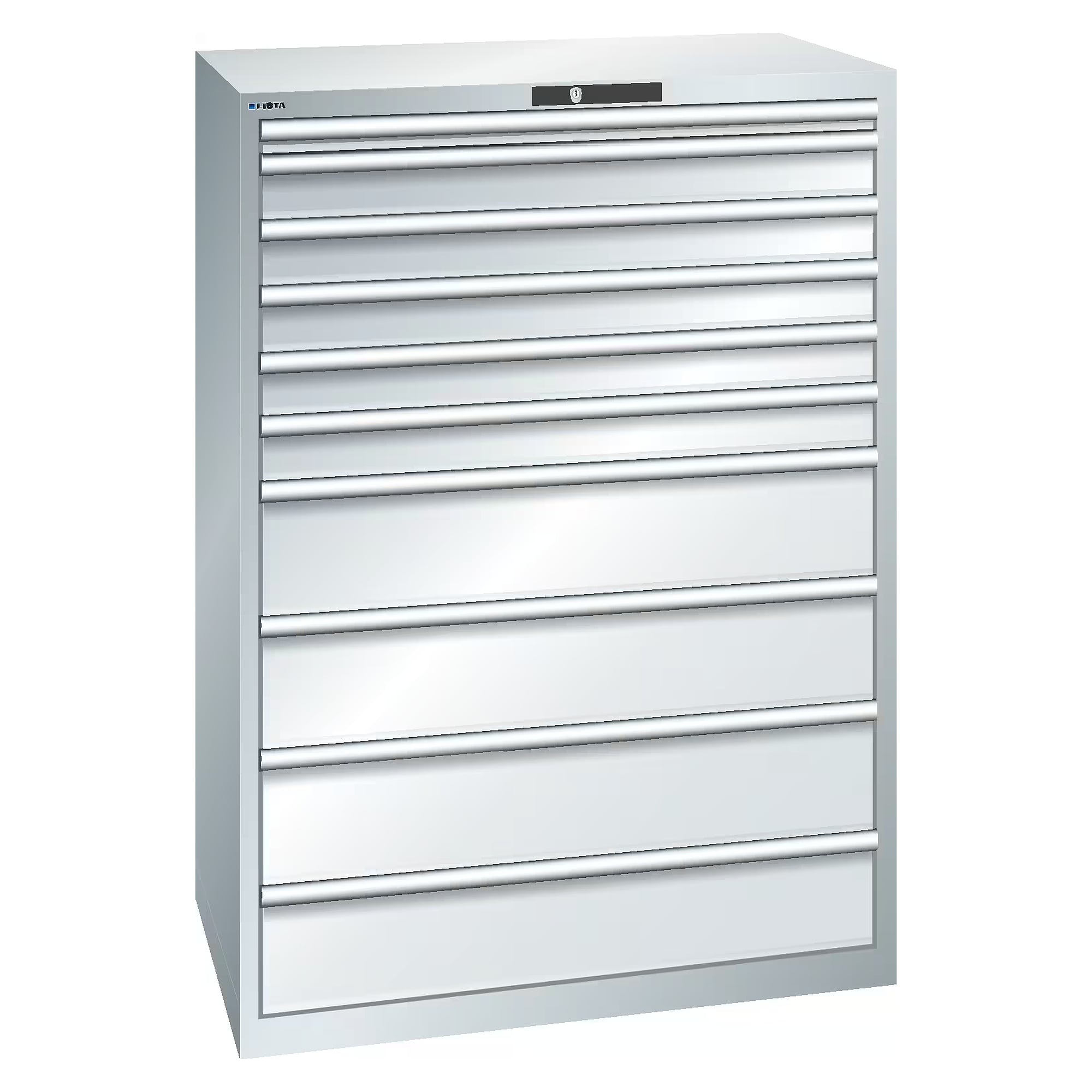 ESD-Schubladenschrank 54x36E, 1023x725x1450 mm, 10 Schubladen 1x50/5x100/4x200, 75 kg, RFID Lock - Lista 95.245, Lichtgrau RAL 7035