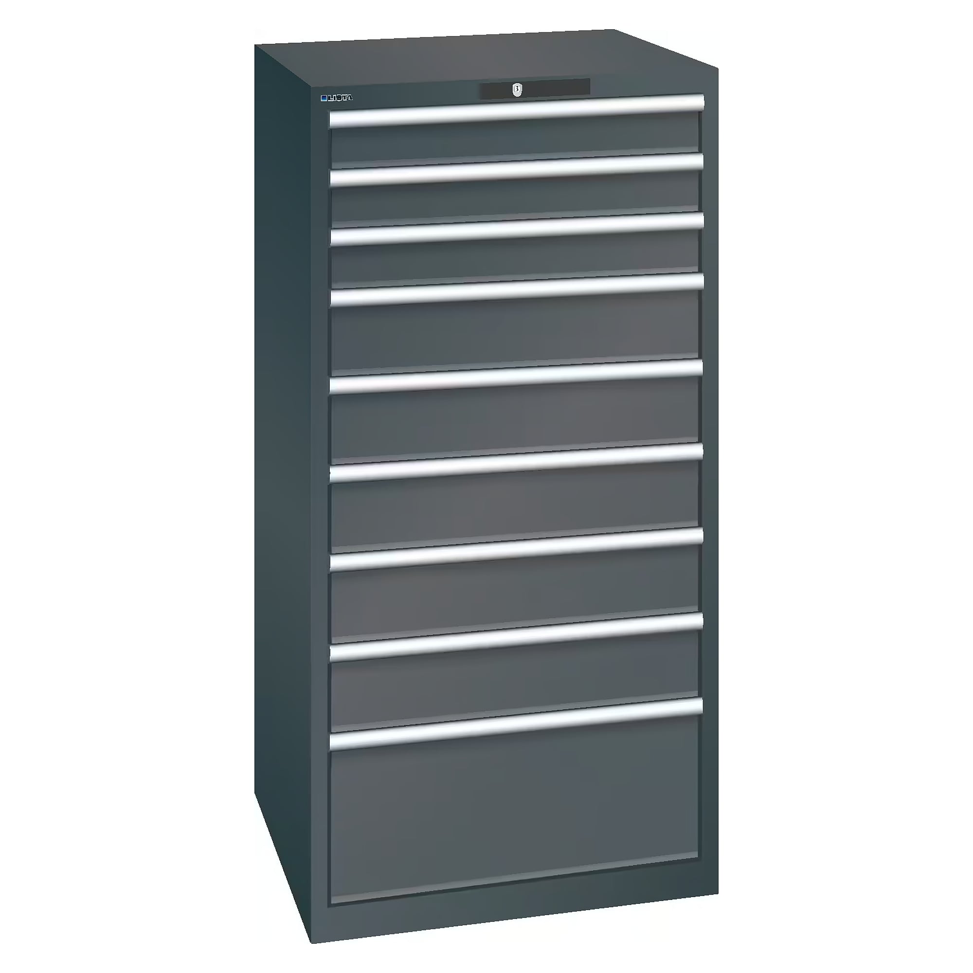 ESD drawer cabinet 36x36E, 717x725x1450 mm, 9 drawers 3x100/5x150/1x300, 75 kg, RFID Lock - Lista 93.083, Anthracite grey RAL 7016