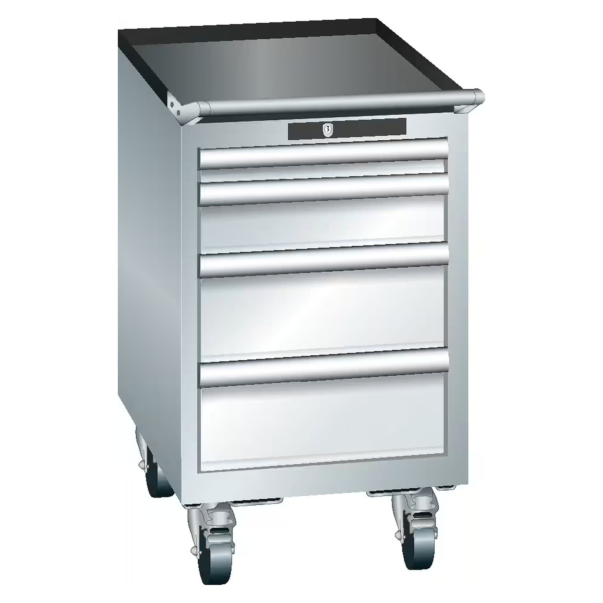 ESD-Schubladenschrank mobil 18x27E, 411x572x723 mm, 4 Schubladen 1x50/1x100/2x150, 75 kg, Gummirollen Ø100 mm, RFID Lock - Lista 95.004, Lichtgrau RAL 7035