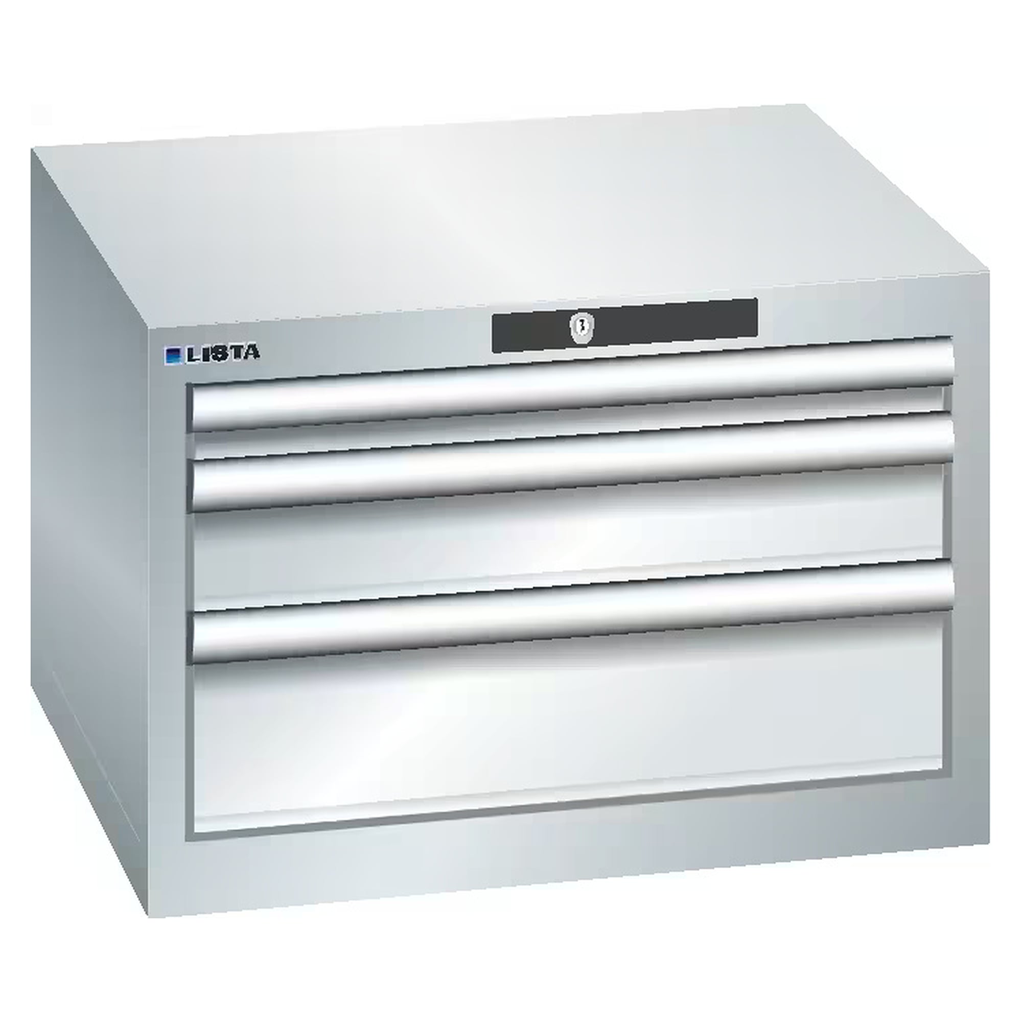 ESD-Schubladenschrank 27x27E, 564x572x383 mm, 3 Schubladen 1x50/1x100/1x150, 75 kg, CODE Lock - Lista 93.044, Lichtgrau RAL 7035