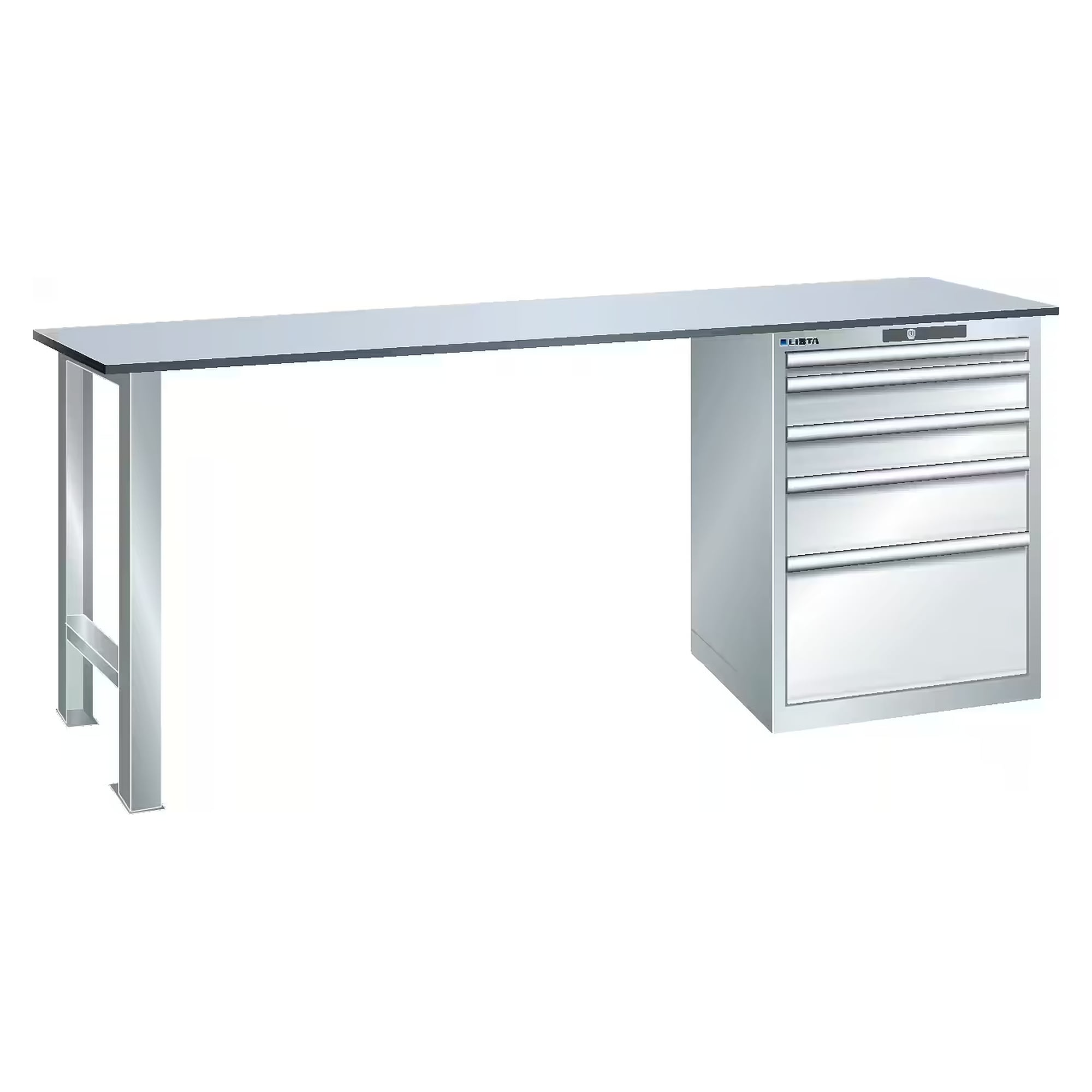 ESD-Werkbank 27x36E, 2000x750x850 mm, 5 Schubladen 1x50/2x100/1x150/1x300, 75 kg, KEY Lock - Lista 95.920, Lichtgrau RAL 7035