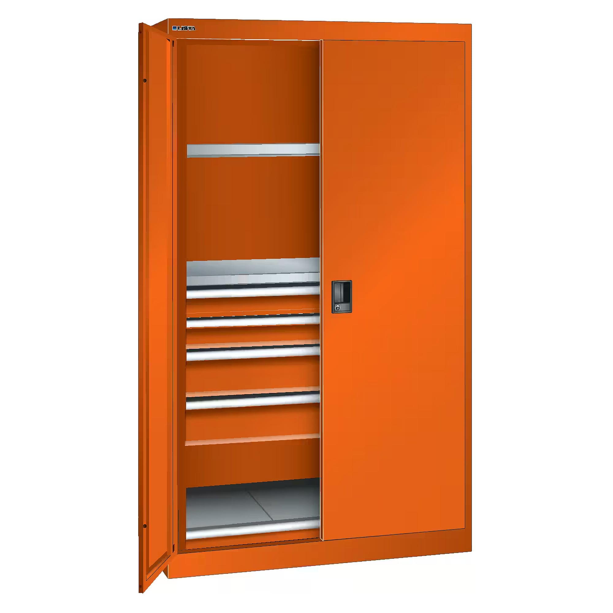 ESD-Schwerlastschrank 54x27E, 1100x641x1950 mm, 2 Verstellböden, 4 Schubladen 2x100/2x150, 1 Auszugboden, 200 kg, KEY Lock - Lista 96.553, Orange NCS S 1080-Y40R