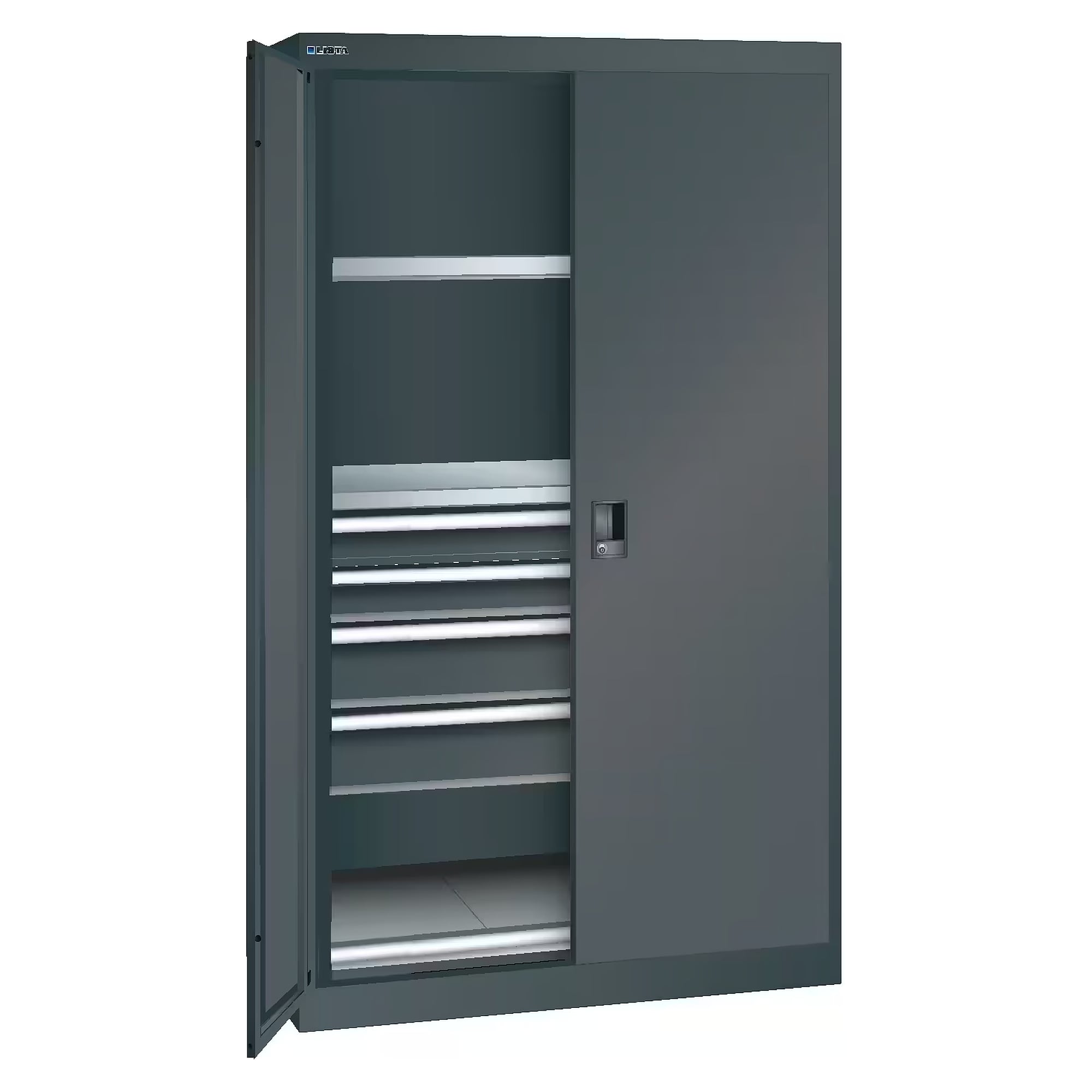 ESD-Schwerlastschrank 54x27E, 1100x641x1950 mm, 2 Verstellböden, 4 Schubladen 2x100/2x150, 1 Auszugboden, 200 kg, KEY Lock - Lista 96.553, Anthrazitgrau RAL 7016