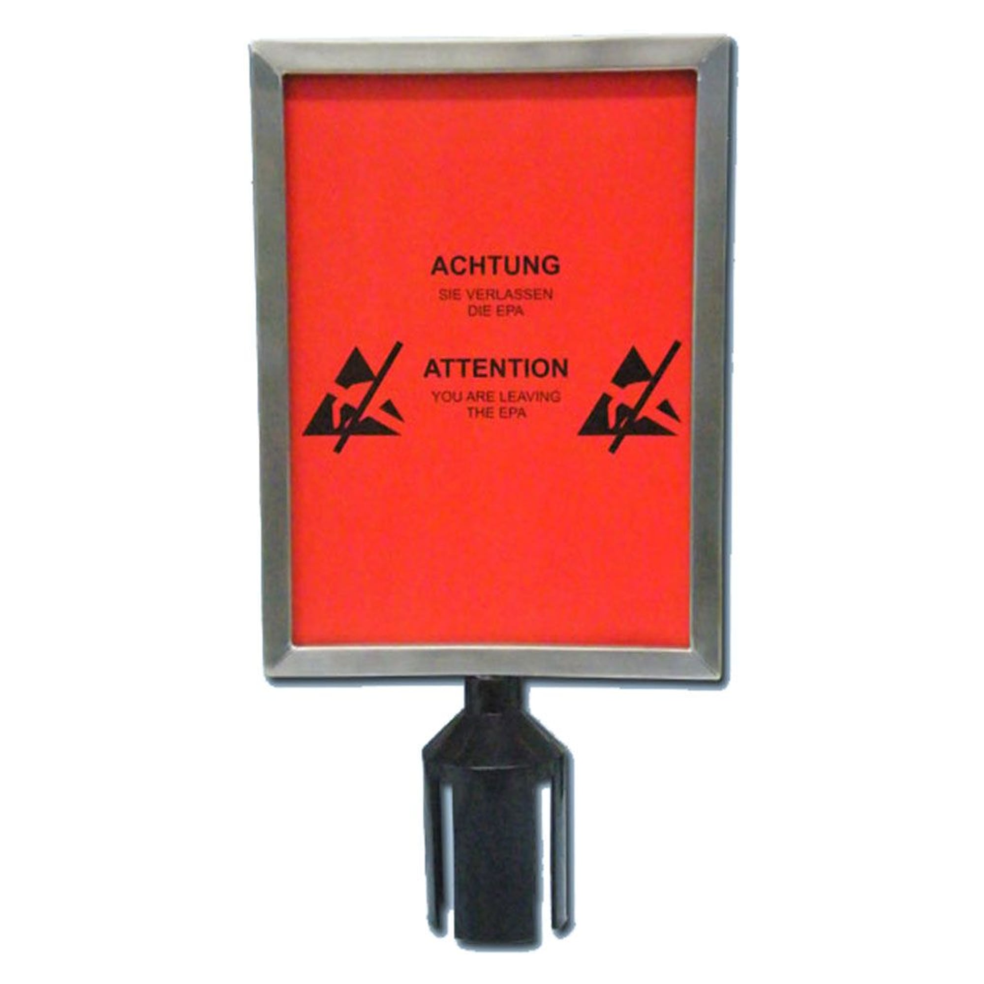 Porte-étiquette A4 chromé avec pièce de jonction D 76 mm pour sangle simple, panneau zone protégée ESD inclus - A1-ESD C-208 20538-S