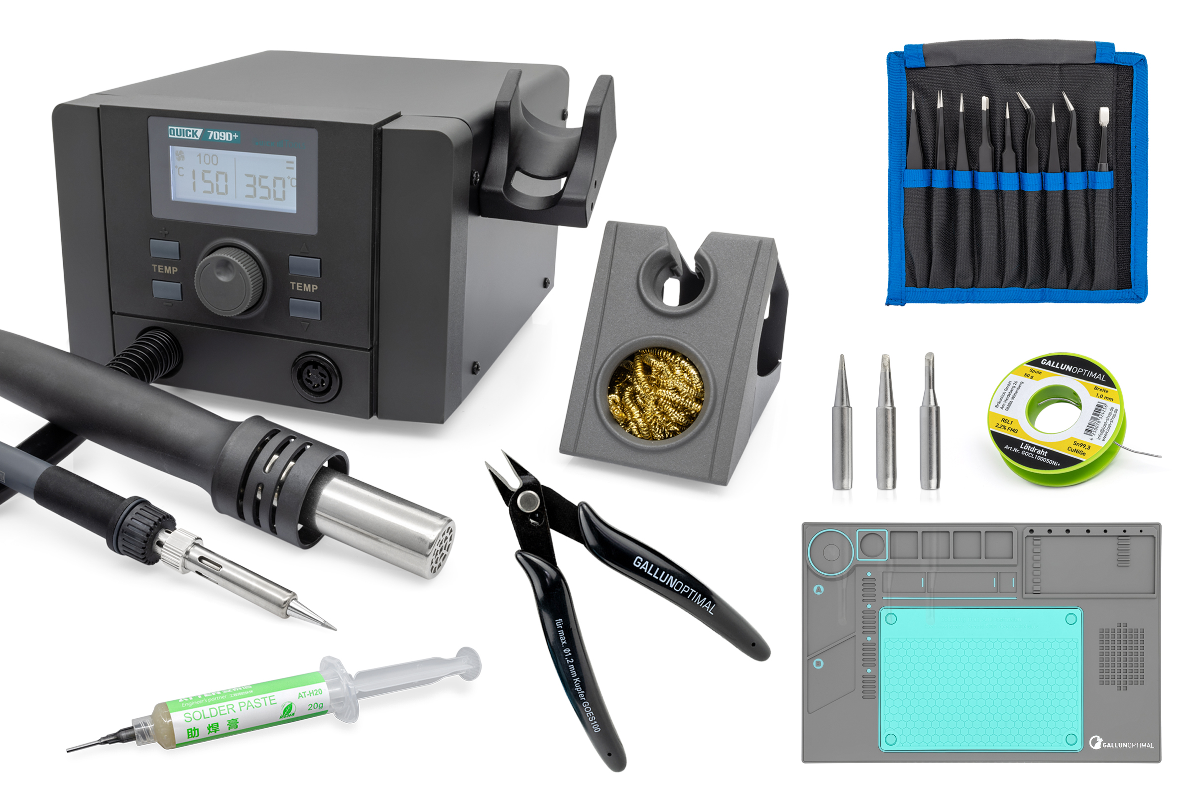 2in1 Reworkstation digital 1350W, hot air (1280W) up to 500°C, soldering station (70W) up to 480°C with 6-piece accessory set - Quick QU709D+SET1