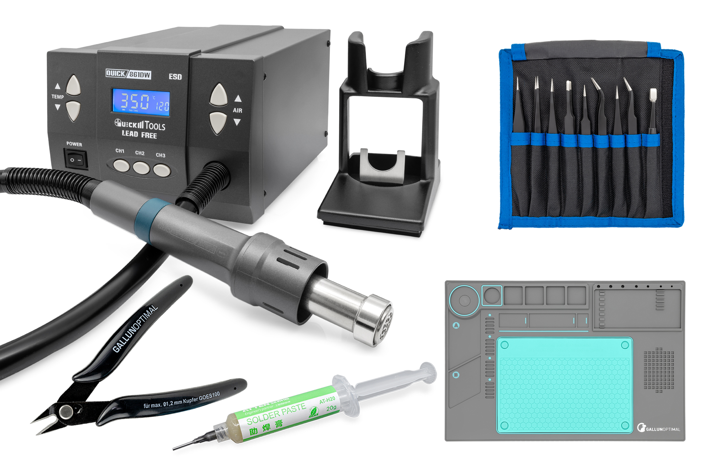 Hot Air Rework Station digital 1000W, 230V, 60 L/min., +100 to +500°C with 4-piece accessory set - Quick QU861DWSET1