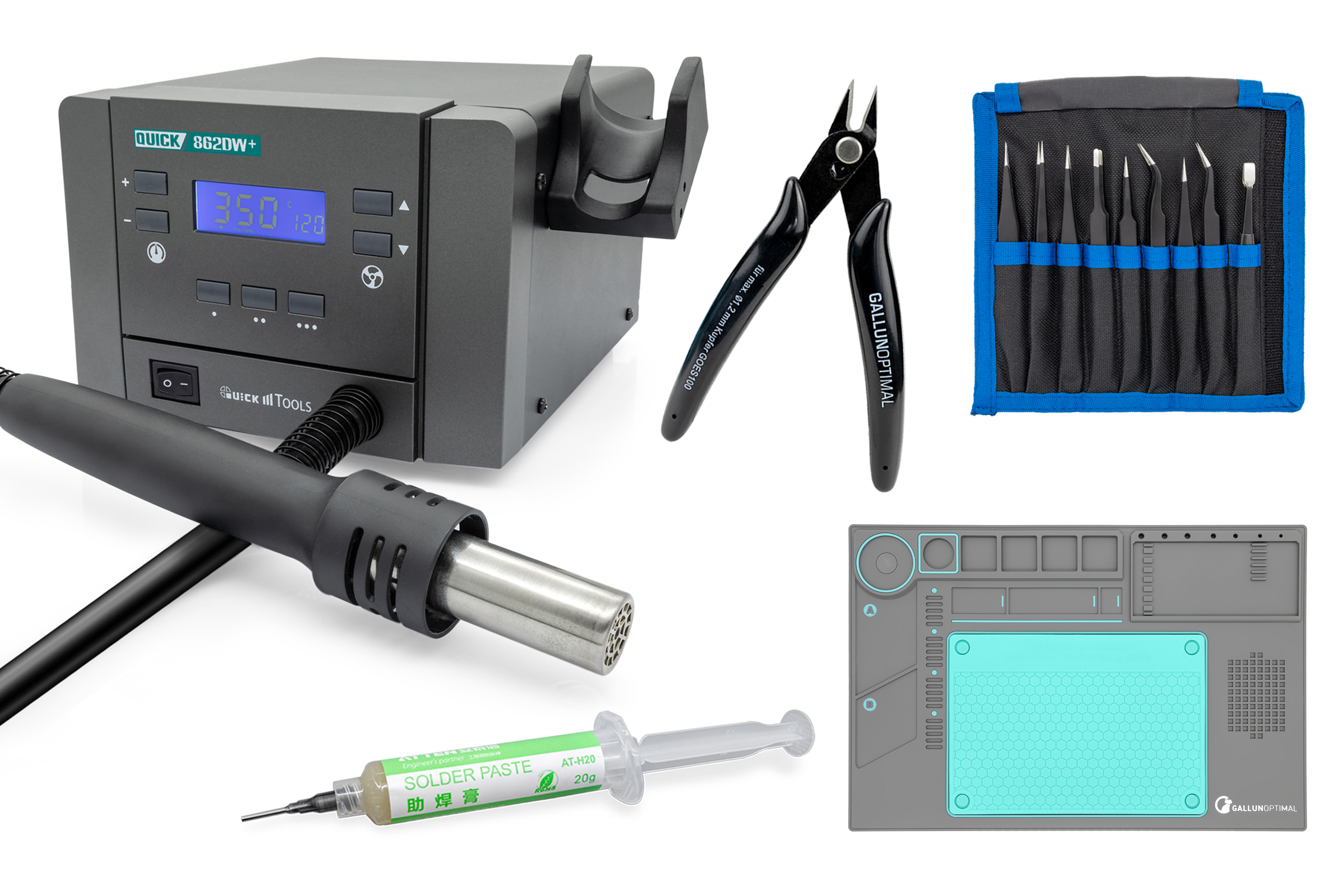 Hot Air Rework Station digital 1000W, 230V, 50 L/min., +100 to +500°C with 4-piece accessory set - Quick QU862DW+SET1