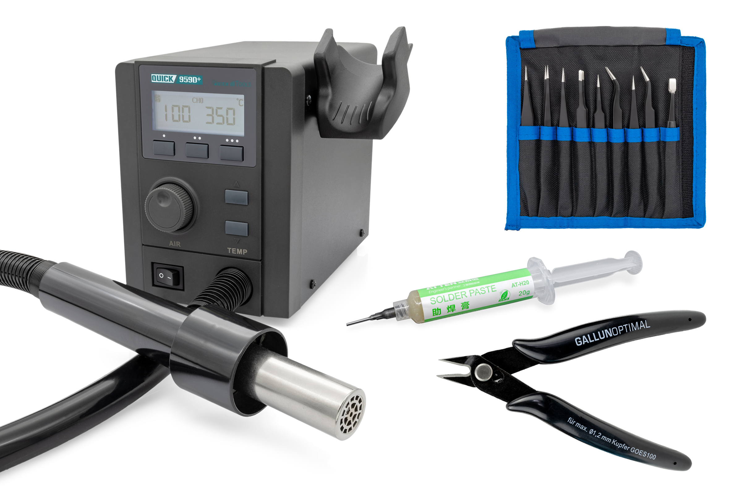 QU959D+ hot air rework station, digital, 580W, 230V, 40 L/min., +100 to +500°C with 3-piece accessory set - Quick QU959D+SET1