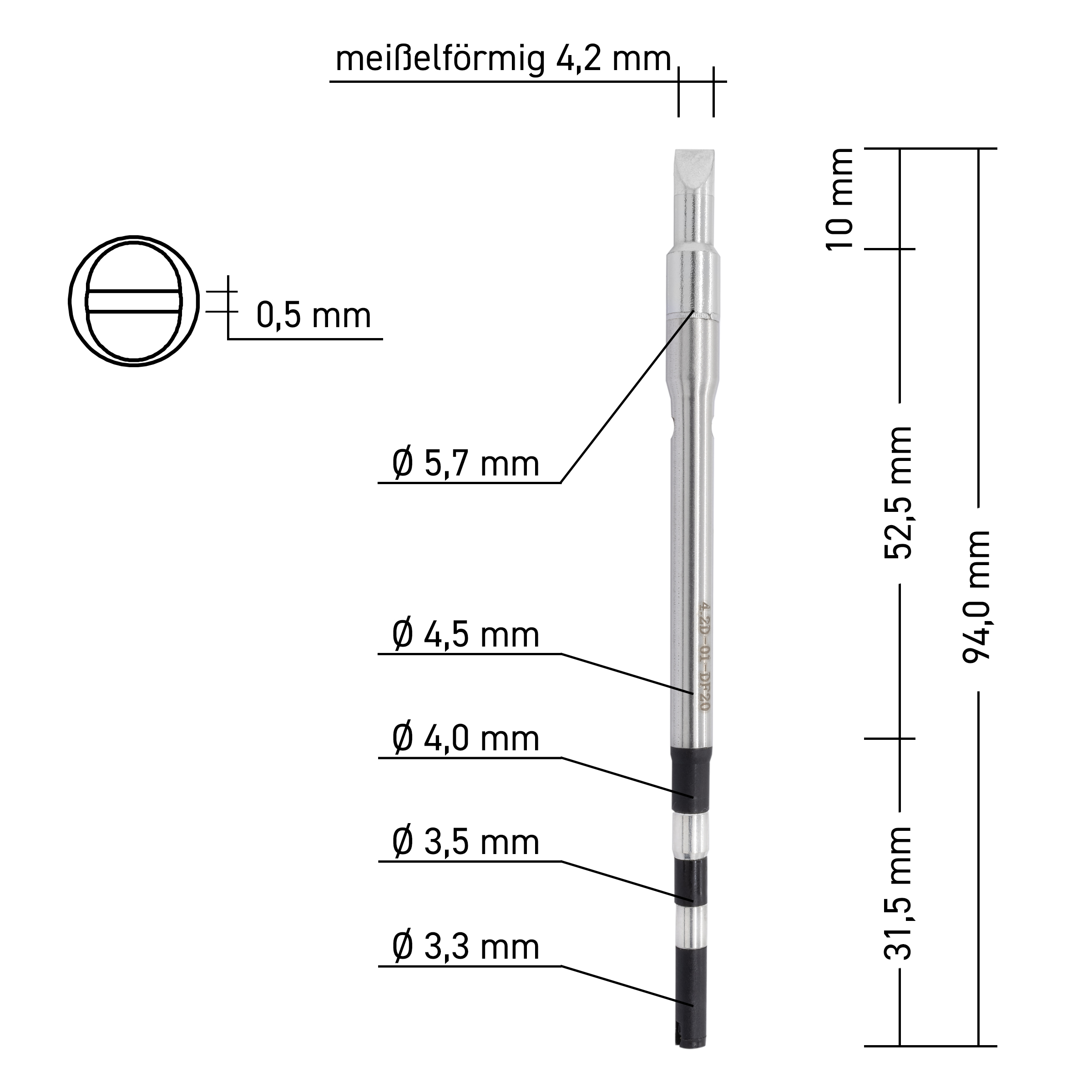 Kartuschenlötspitze für TS8, gerade, kurzer Kegel, meißelförmig stumpf 4,2 mm breit x 0,5 mm, 5 mm Lot-benetzt - Quick TSS08-4.2D01