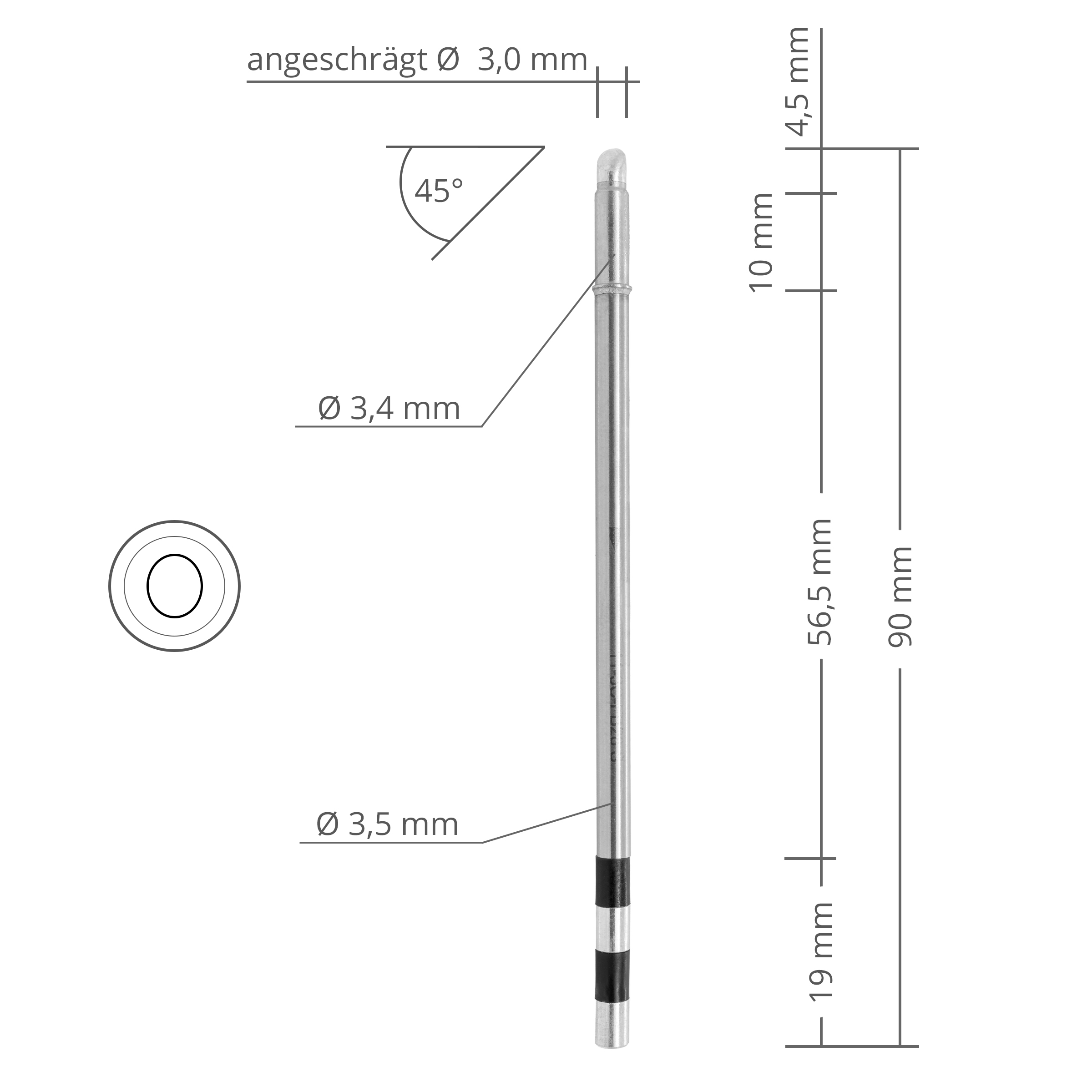 Kartuschenlötspitze TS11 angeschrägt 45° Ø 3,0 mm - extrem schnelle Aufheizzeit - Quick TSS11-3C