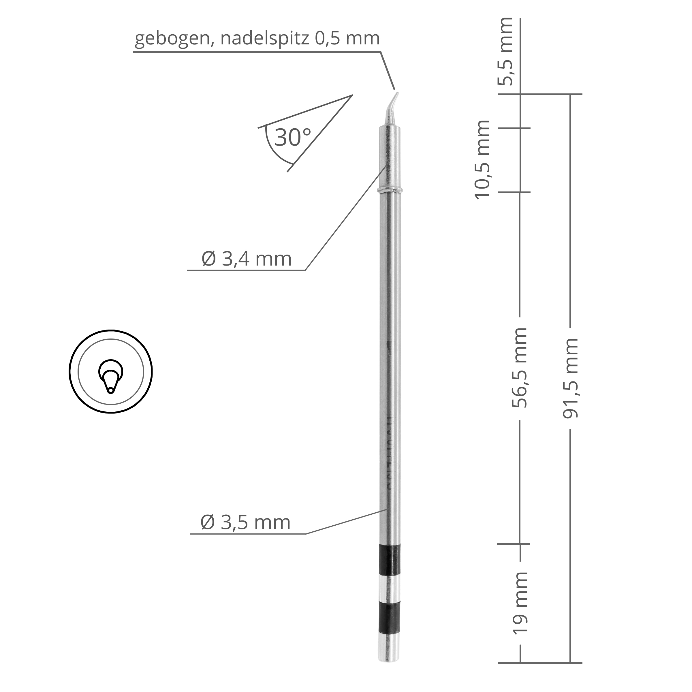 Kartuschenlötspitze TS11 gebogen 30° Nadelspitze Ø 0,5 mm - extrem schnelle Aufheizzeit - Quick TSS11-J-01