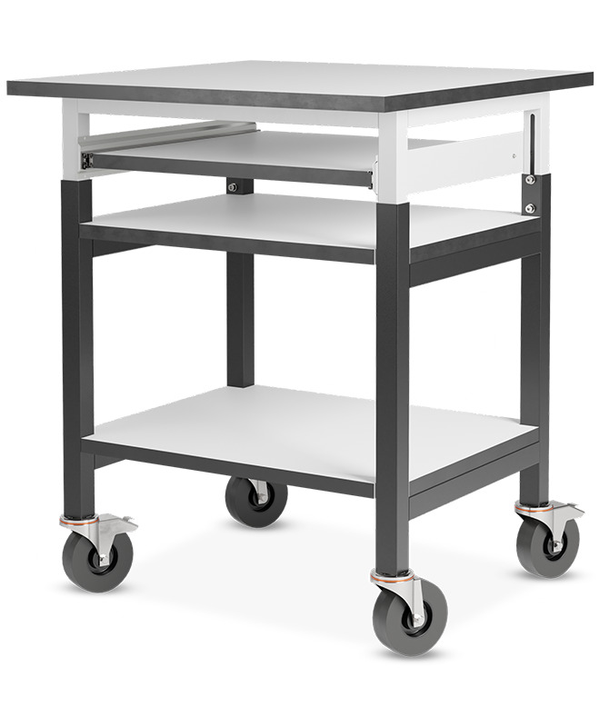 Mobiler ESD-Arbeitsplatz mit drei Ablagen und Tastaturauszug, 750 x 750 mm - Reeco RF-028-750750-4-9003