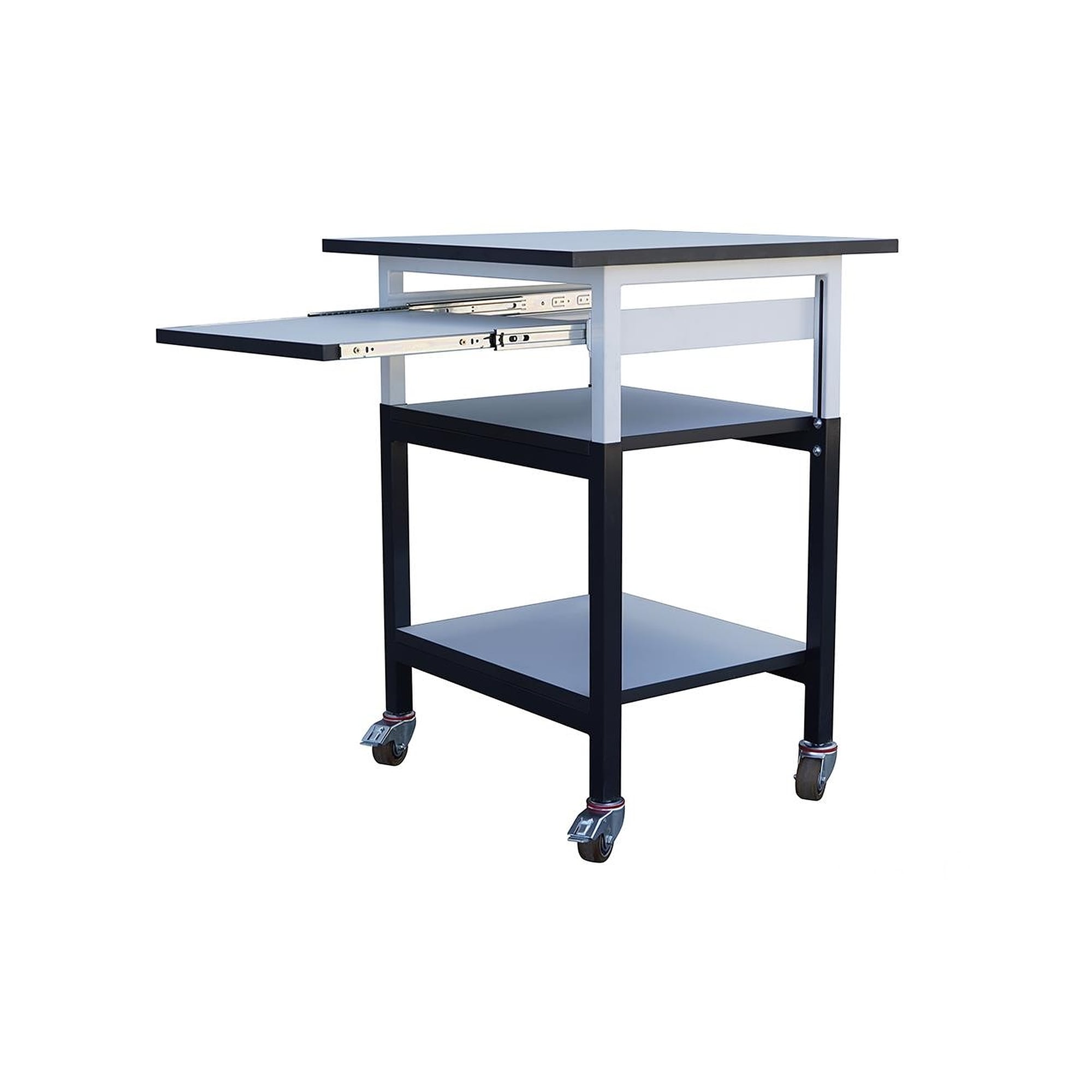 Mobiler ESD-Arbeitsplatz mit drei Ablagen und Tastaturauszug, 750 x 750 mm - Reeco RF-028-750750-4-9003