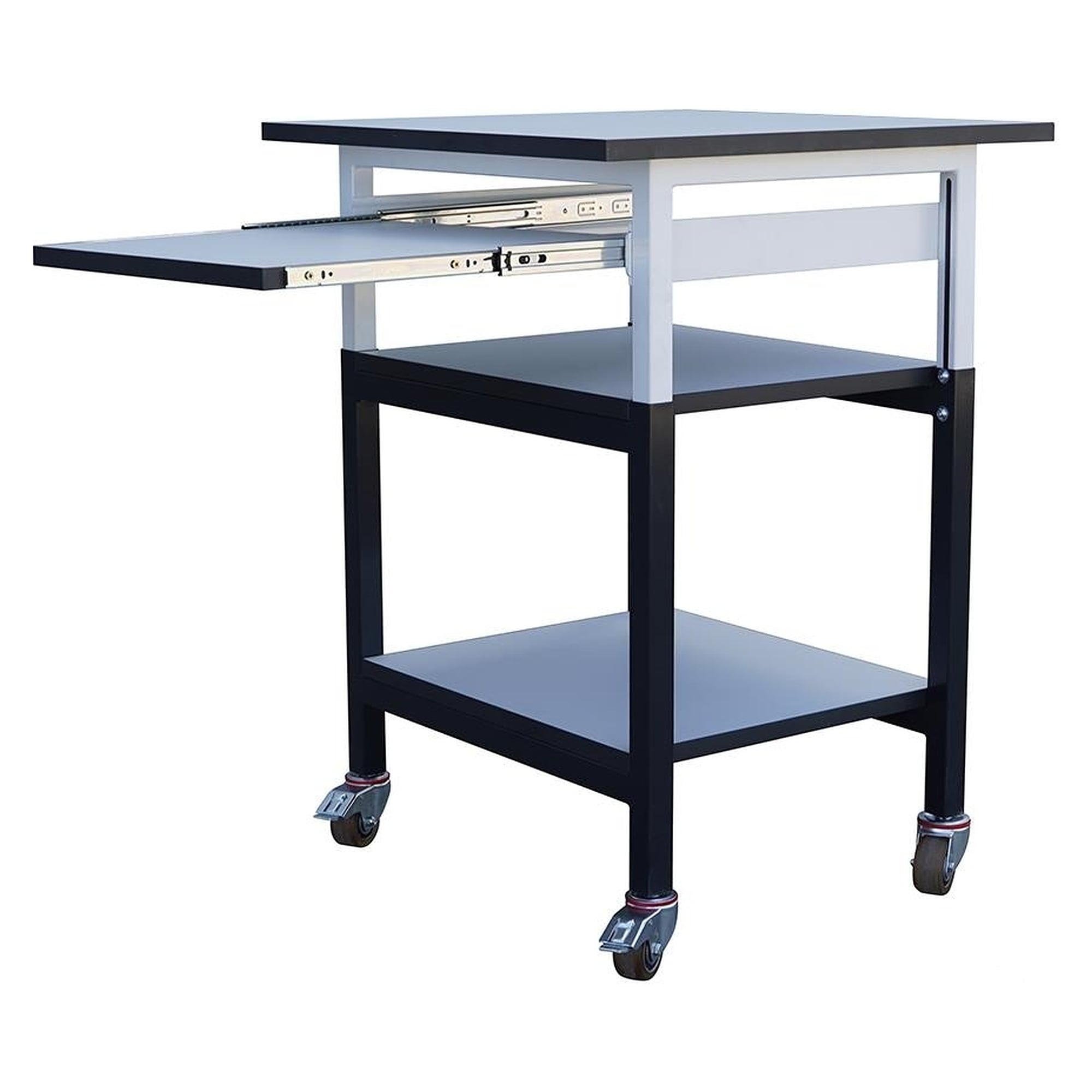 Mobiler ESD-Arbeitsplatz mit drei Ablagen und Tastaturauszug, 750 x 750 mm - Reeco RF-028-750750-4-9003
