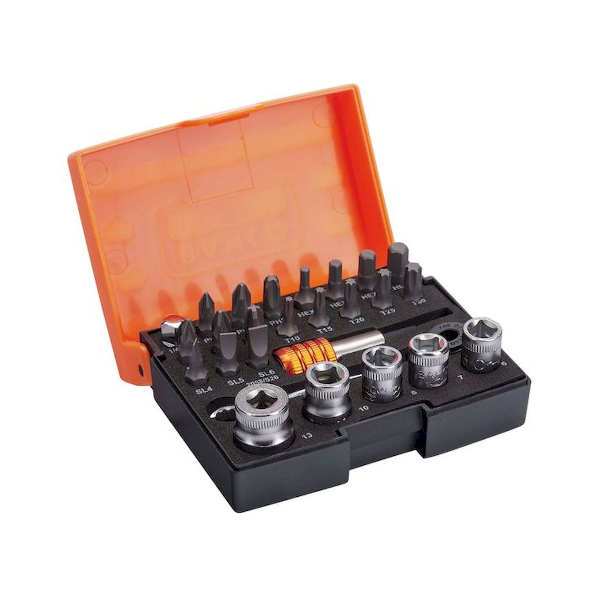 Bahco 2058/S26. Bit socket wrench set with 1/4" bit ratchet and adapter for slotted head screws/Phillips/Pozidriv/Torx/hexagon screws, 26 pieces