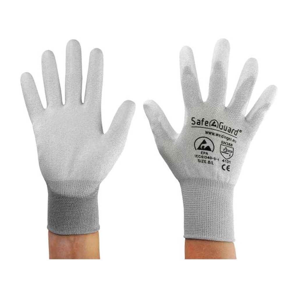 Safeguard SG-HS-GR-NY-L-SG-GREY-JCA-302-L. ESD Handschuh grau/hellgrau, beschichtete Handflächen, Nylon/Carbon, L
