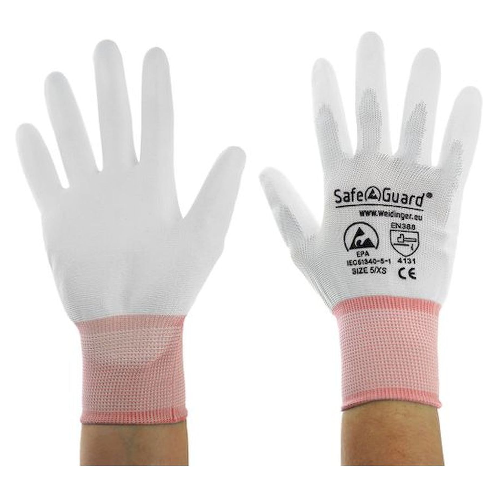Safeguard SG-HS-WE-NY-L-SG-WHITE-JNW-302-XS. ESD Handschuh weiß/orange, beschichtete Handflächen, Nylon/Carbon, XS