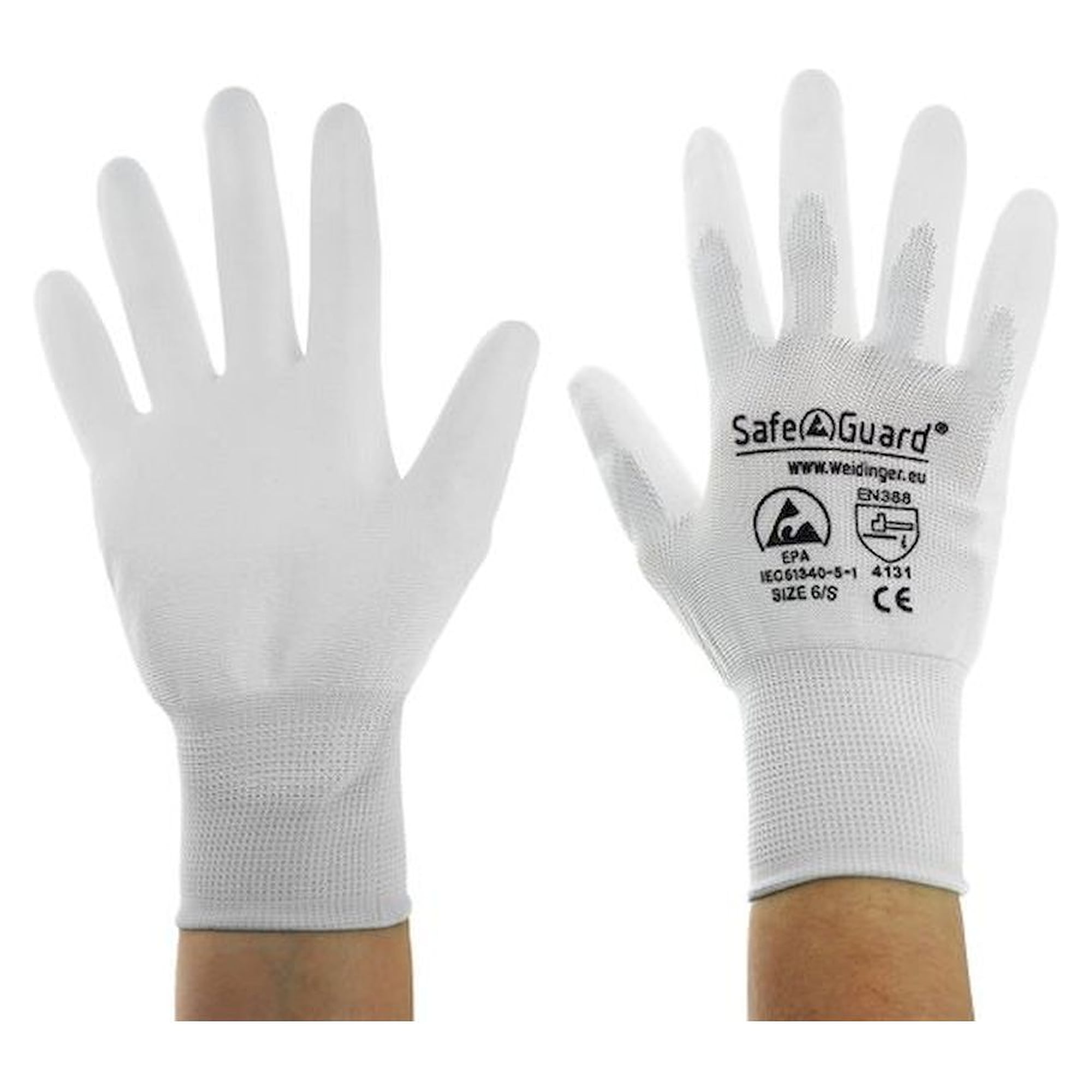 Safeguard SG-HS-WE-NY-L-SG-WHITE-JNW-302-S. ESD Handschuh weiß, beschichtete Handflächen, Nylon/Carbon, S